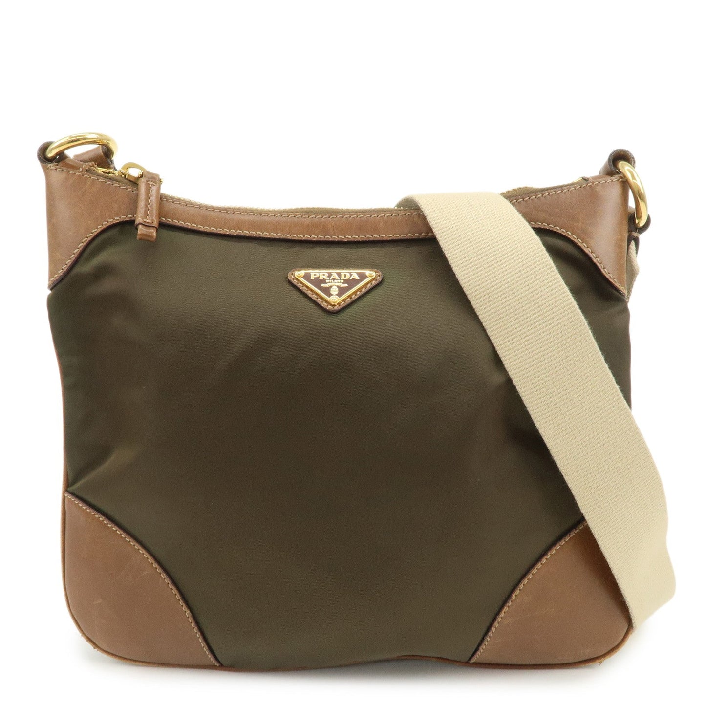 Crossbody Bag Triangle Crossbody Shoulder Bag Khaki Leather Nylon Logo