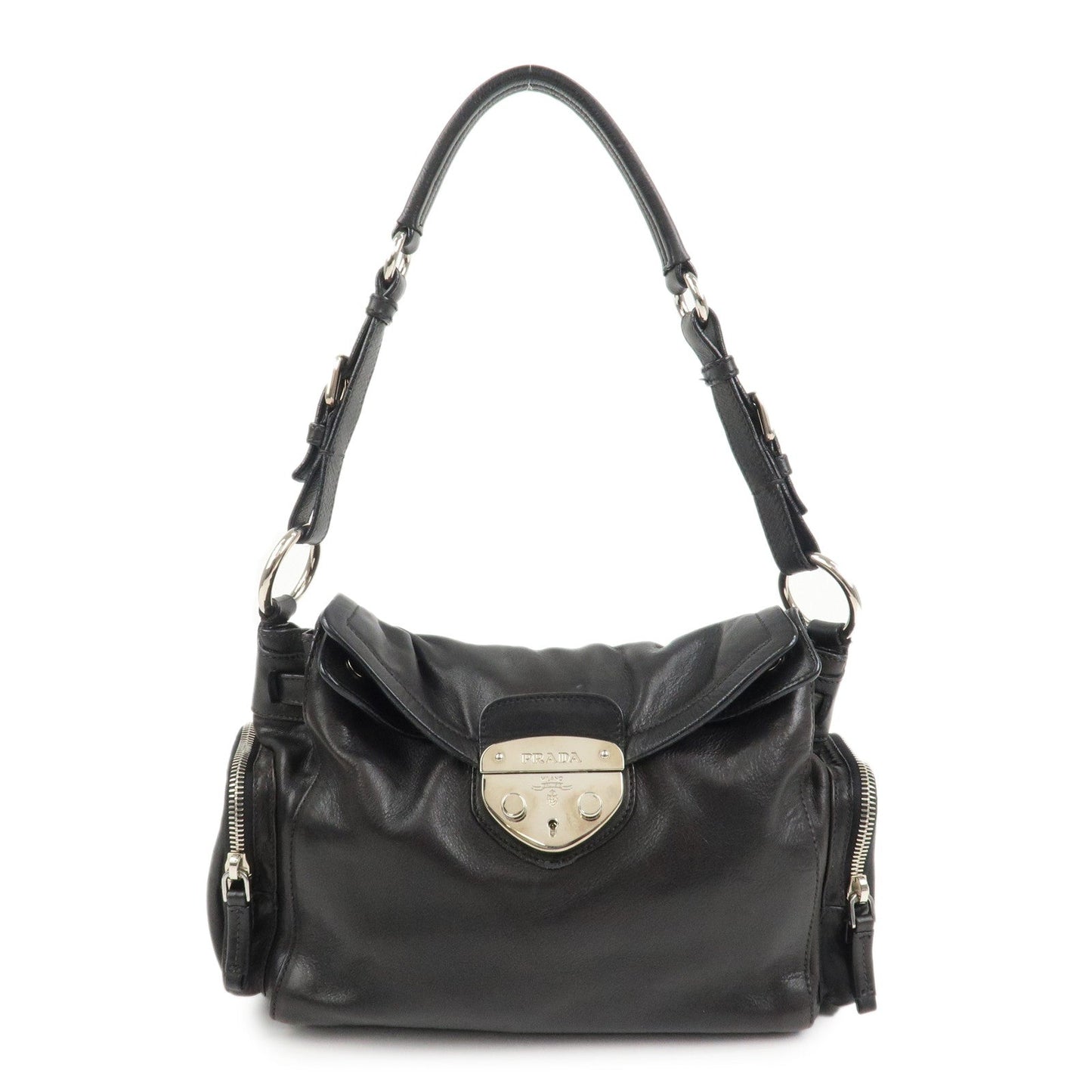 Shoulder Bag Triangle Calf Skin Leather Black Logo