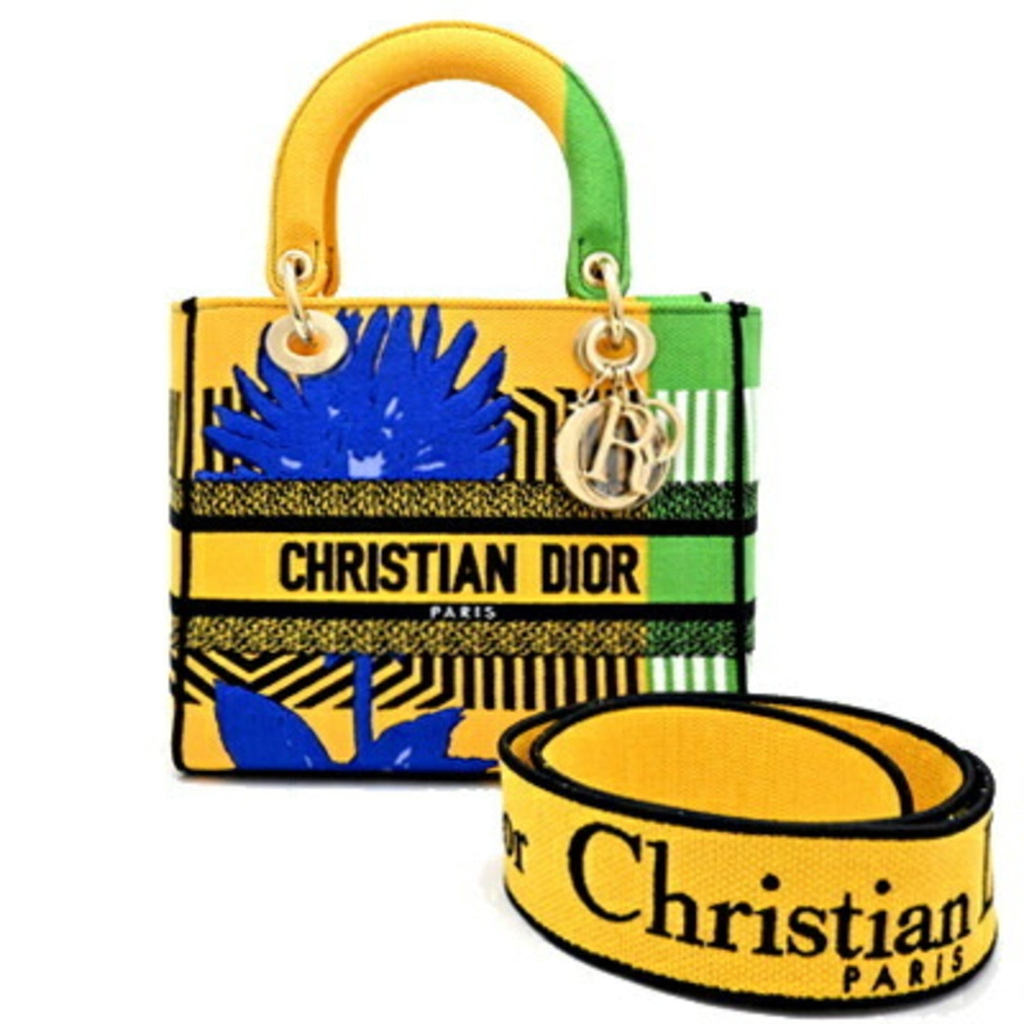 Dior Handbag Christian Multi-Color Canvas Yellow Multicolor