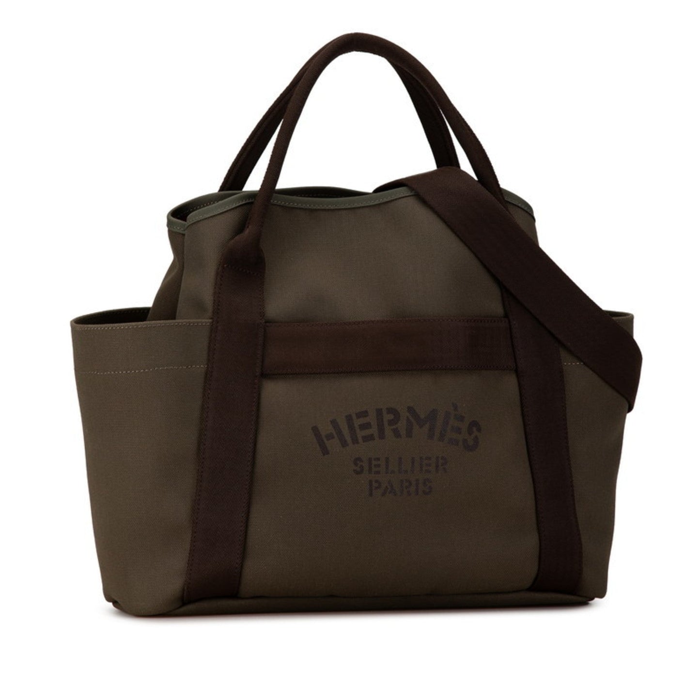 Hermes Khaki Shoulder Bag Tote Bag Leather Canvas