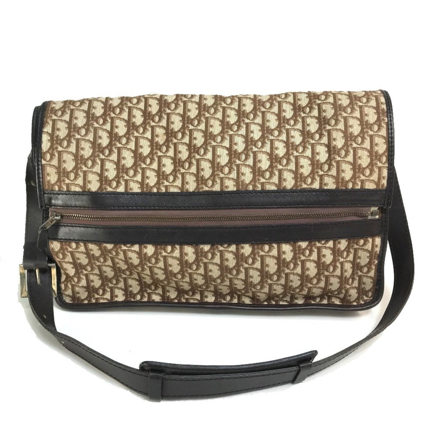 Dior Handbag Christian Shoulder Bag Leather Canvas Brown