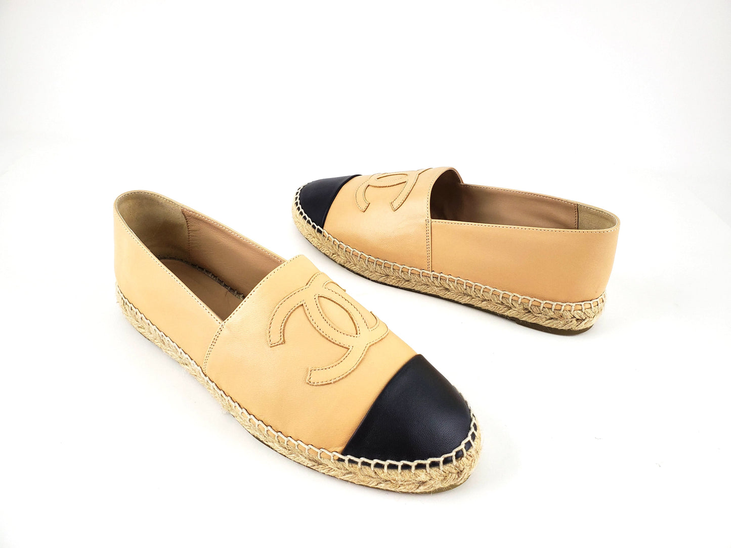 Chanel Beige Black Lambskin Round Toe Espadrilles 41 Accessory