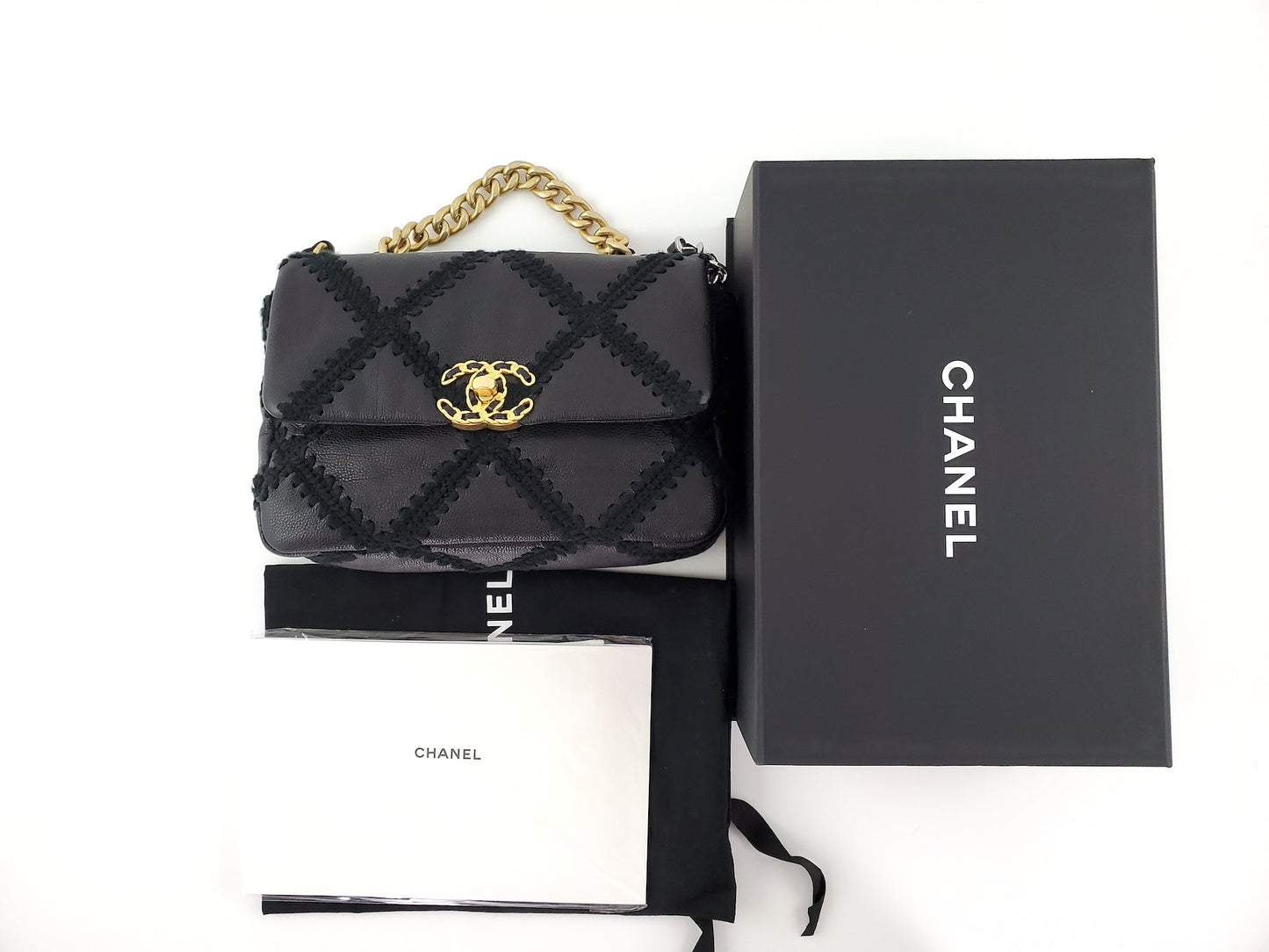 Chanel 19 Black Crochet Calfskin Quilted 2021 Chain Accessory