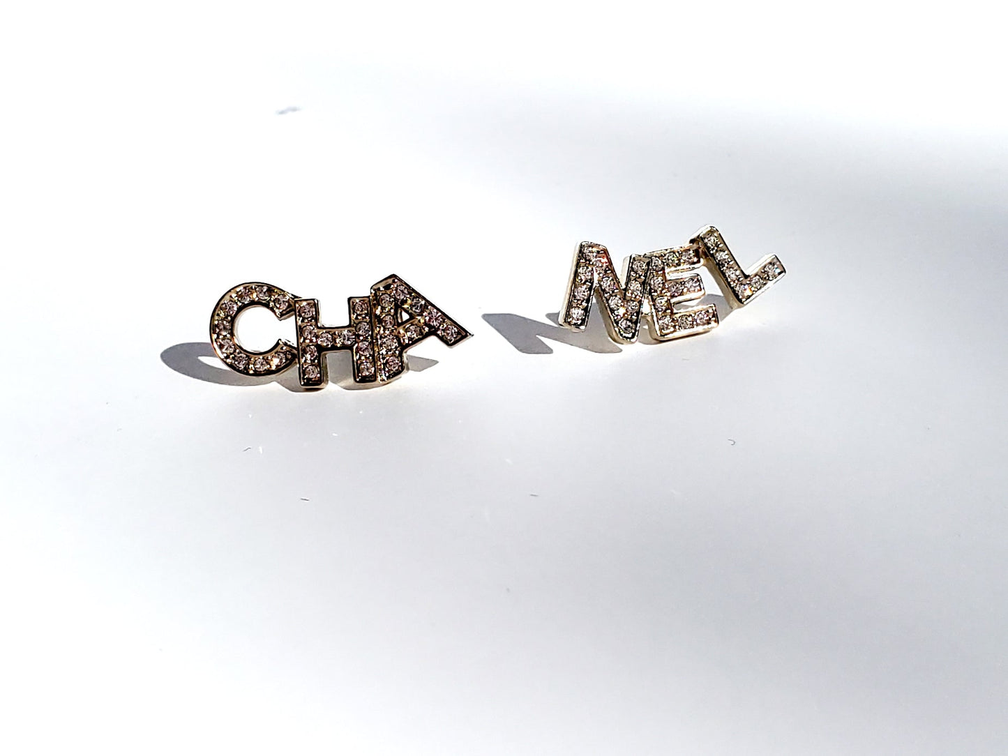 Chanel New 2021 Gold and Crystal Logo Stud Signature Earrings Jewelry