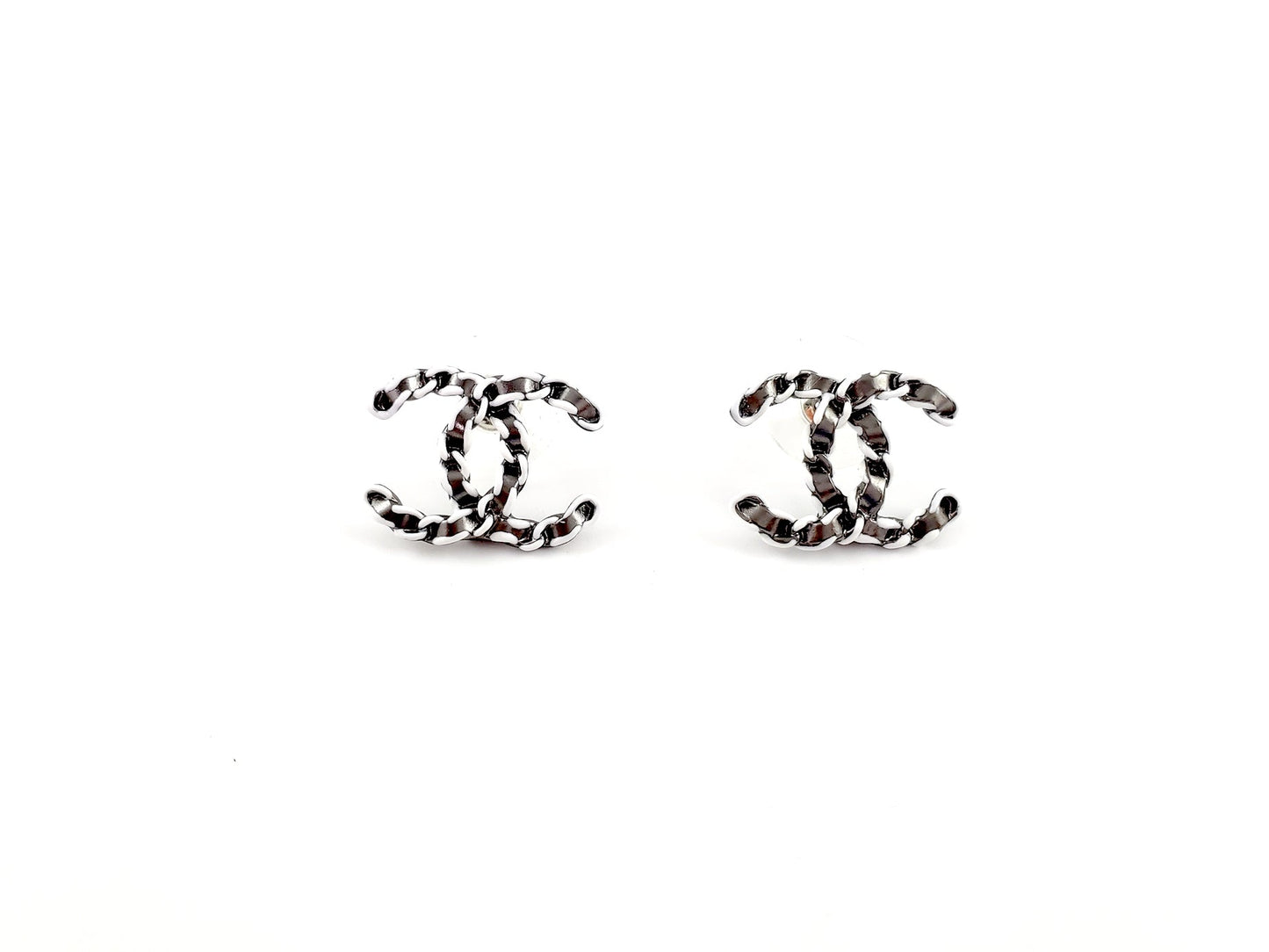 Chanel New CC Logo Ruthenium White Stud Earrings Jewelry