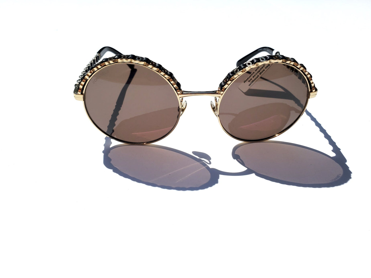 Chanel New In Stores Now Round Gold Black Metal Leather Sunglasses