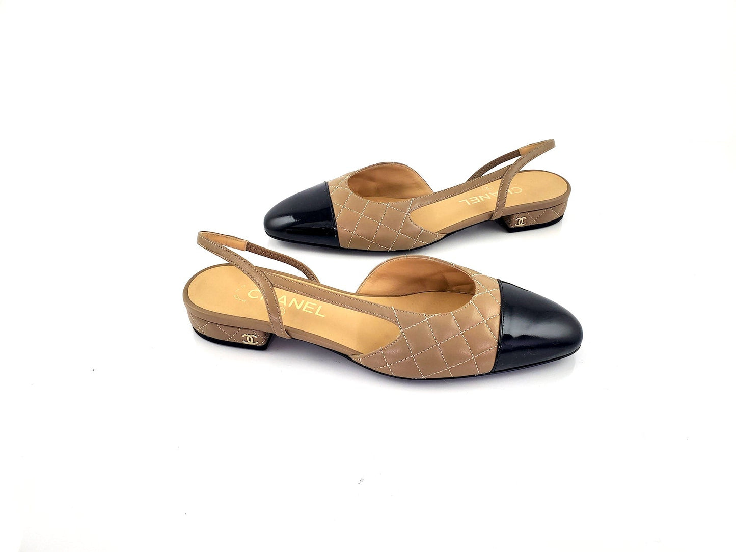 Chanel New Bi Color Beige Black Patent Slingbacks 39 Accessory