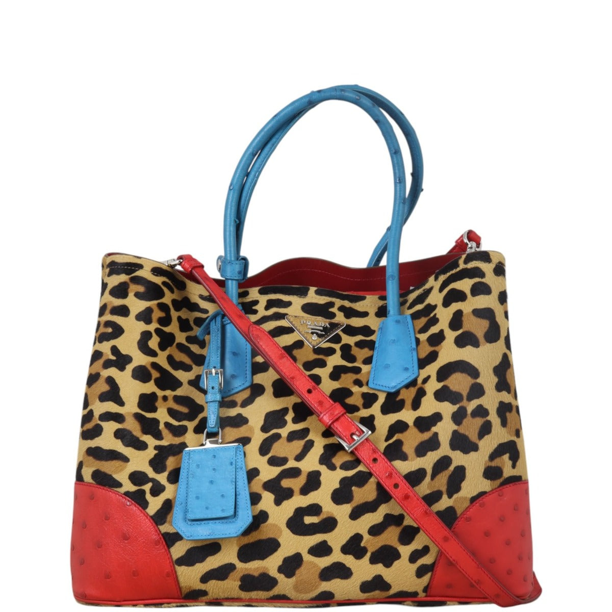 Prada Tote Bag Calf Hair Ostrich Leopard Double Bag Brown Large Shoulder Bag