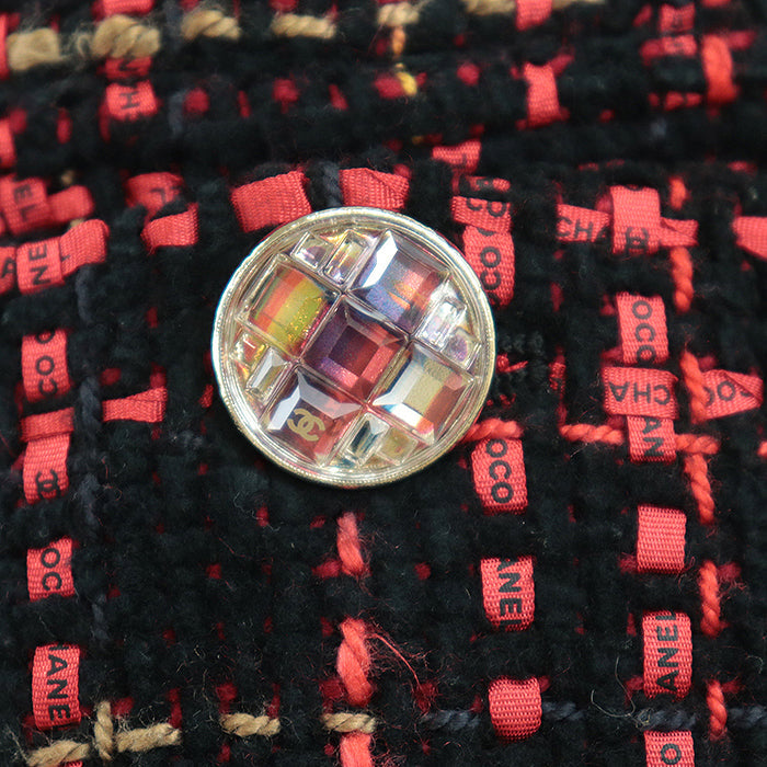 Chanel Tweed Skirt , Crystal Button, Check Pattern, Black/Red/Mustard