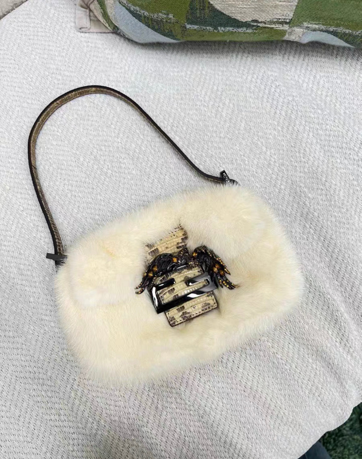 Fendi Rare Baguette Bag Fur With Lizard And Crystals Shoulder Bag
