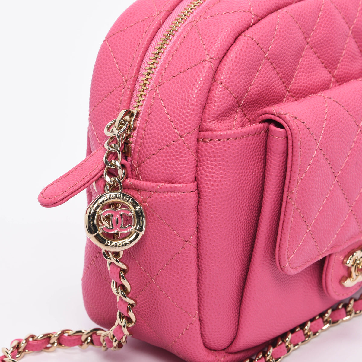 Chanel Pink Quilted Caviar CC Day Camera Case Bag
