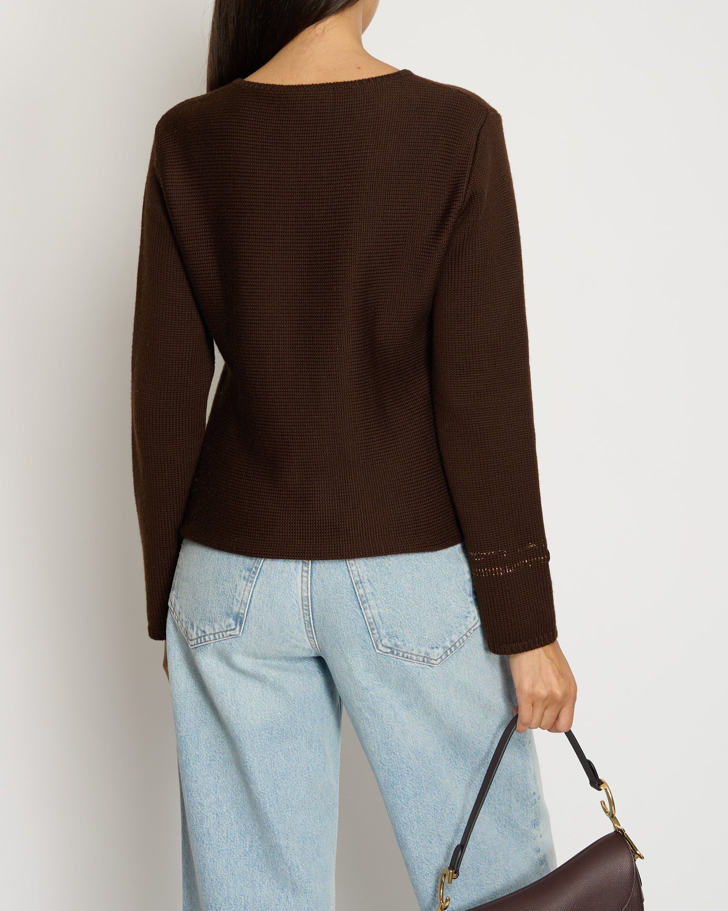 Chanel 99/A Brown V Neck Knitted Jumper with Gold Stitch Detail FR 38 (UK 10) Accessory