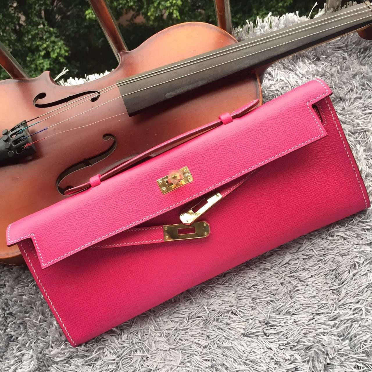 Hermes Luxury Rose Handcrafted Kelly Cut Clutch Handbag Red Clutch Bag