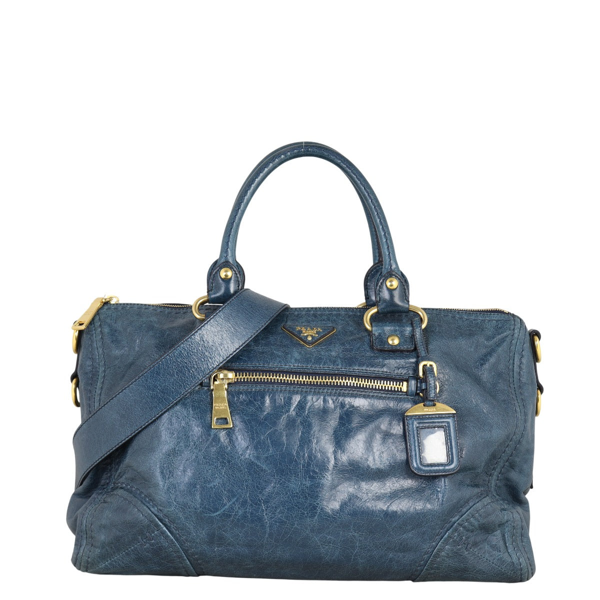Prada Tote Bag Shine Two-Way Tote Vitello Blue Shoulder Bag