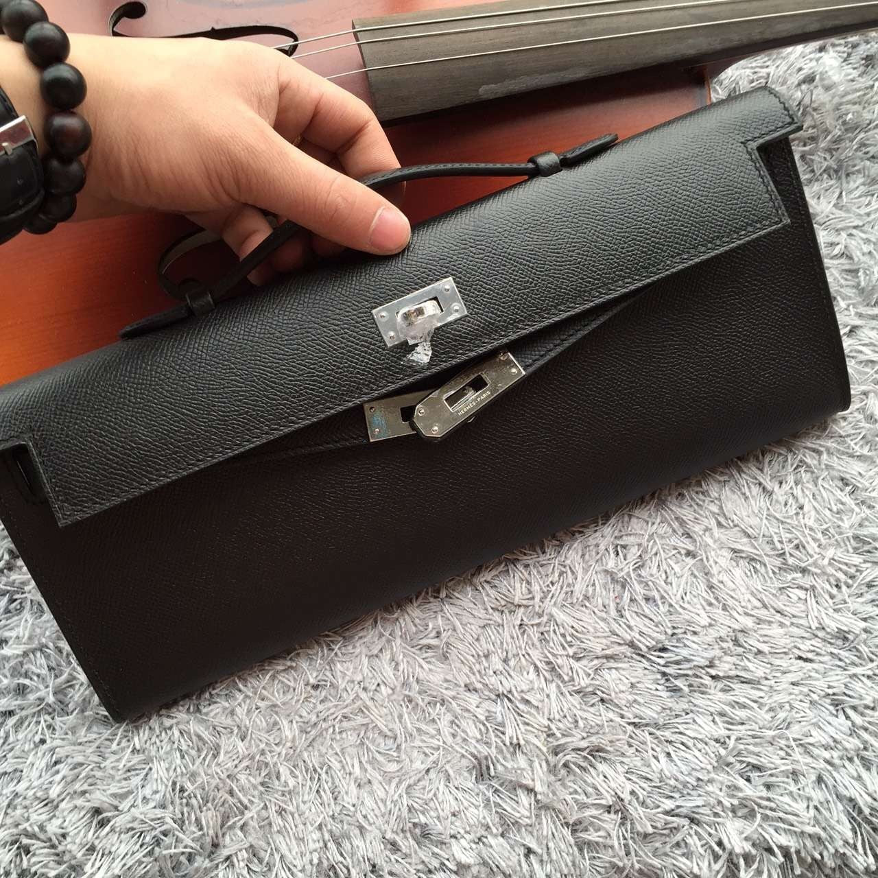 Hermes Luxury Handcrafted Kelly Cut Clutch Handbag Black Clutch Bag