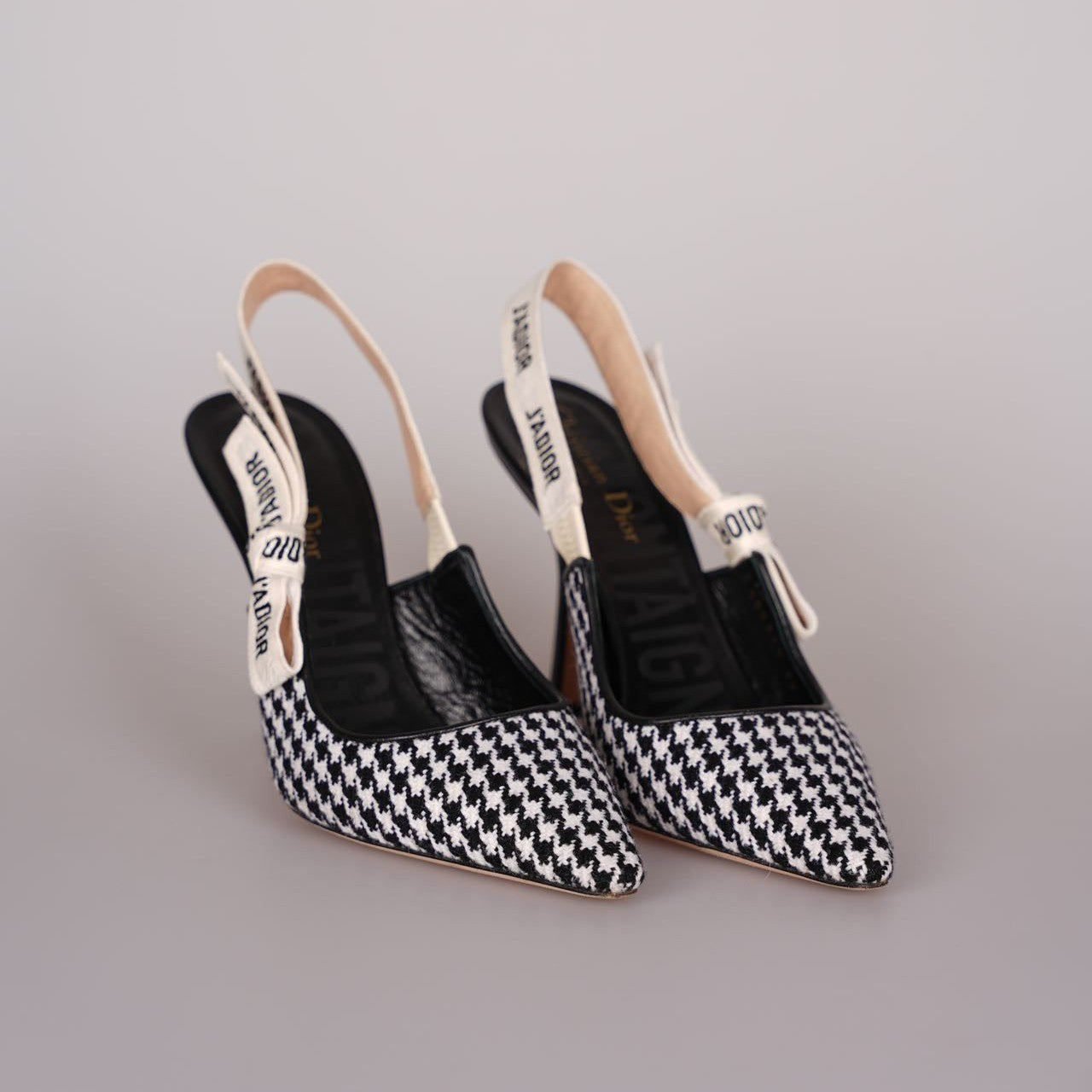 Dior Sling Bag Christian Wool Ribbon Houndstooth J'A Slingback Black White Shoes
