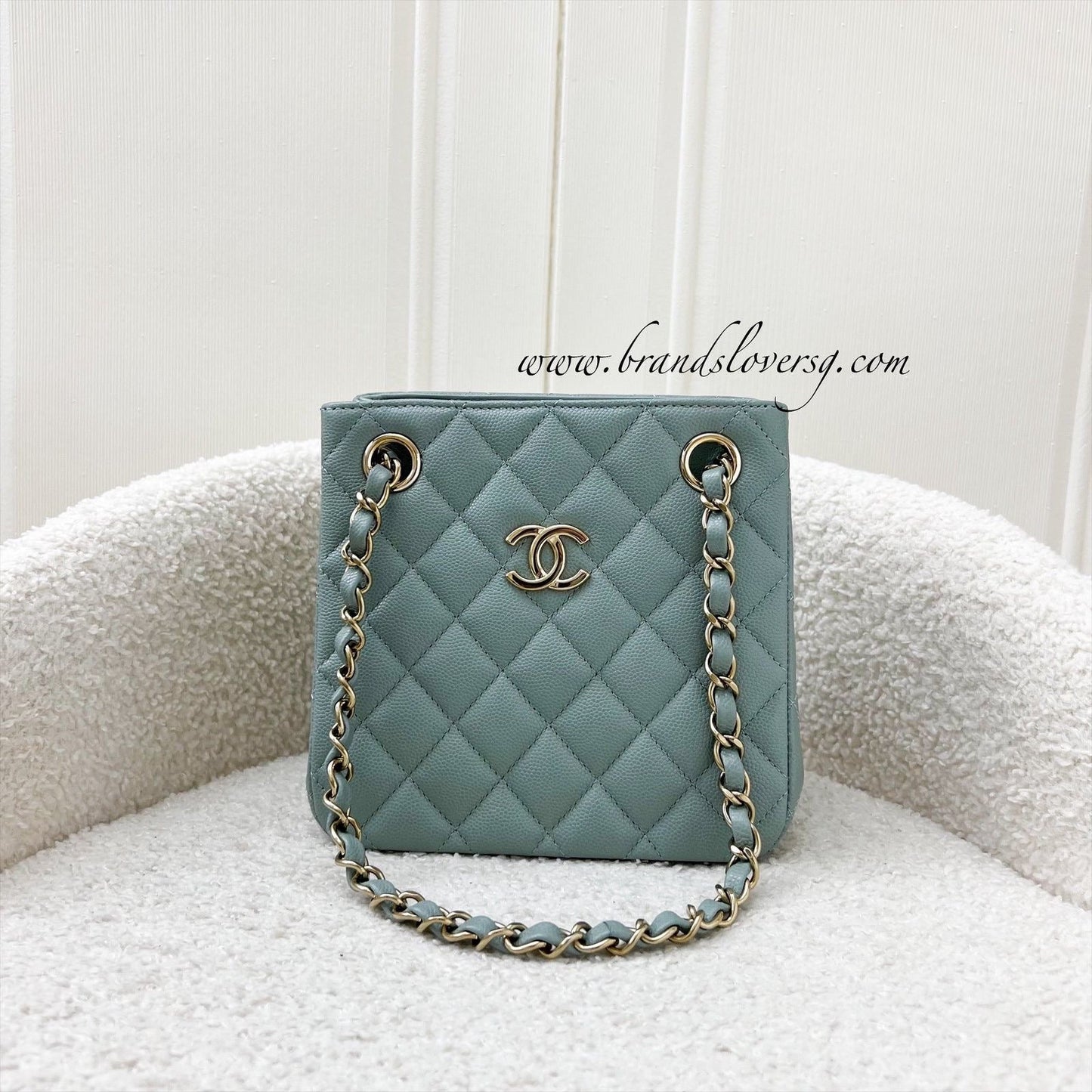 Chanel Bucket Bag in Seafoam Grey Green Caviar and LGHW