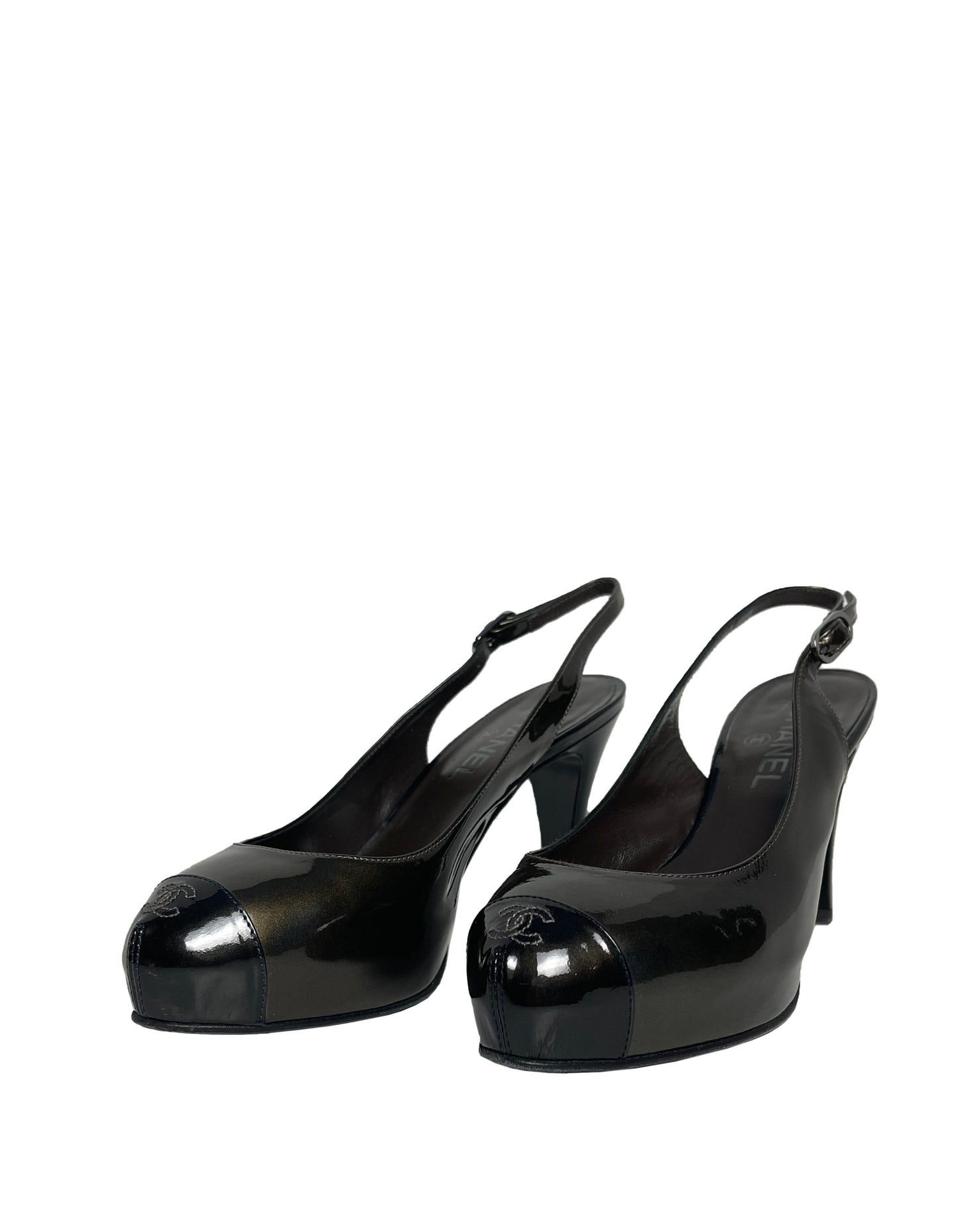 Chanel Bronze Patent Leather CC Captoe Metallic Slingbacks sz 38 Accessory