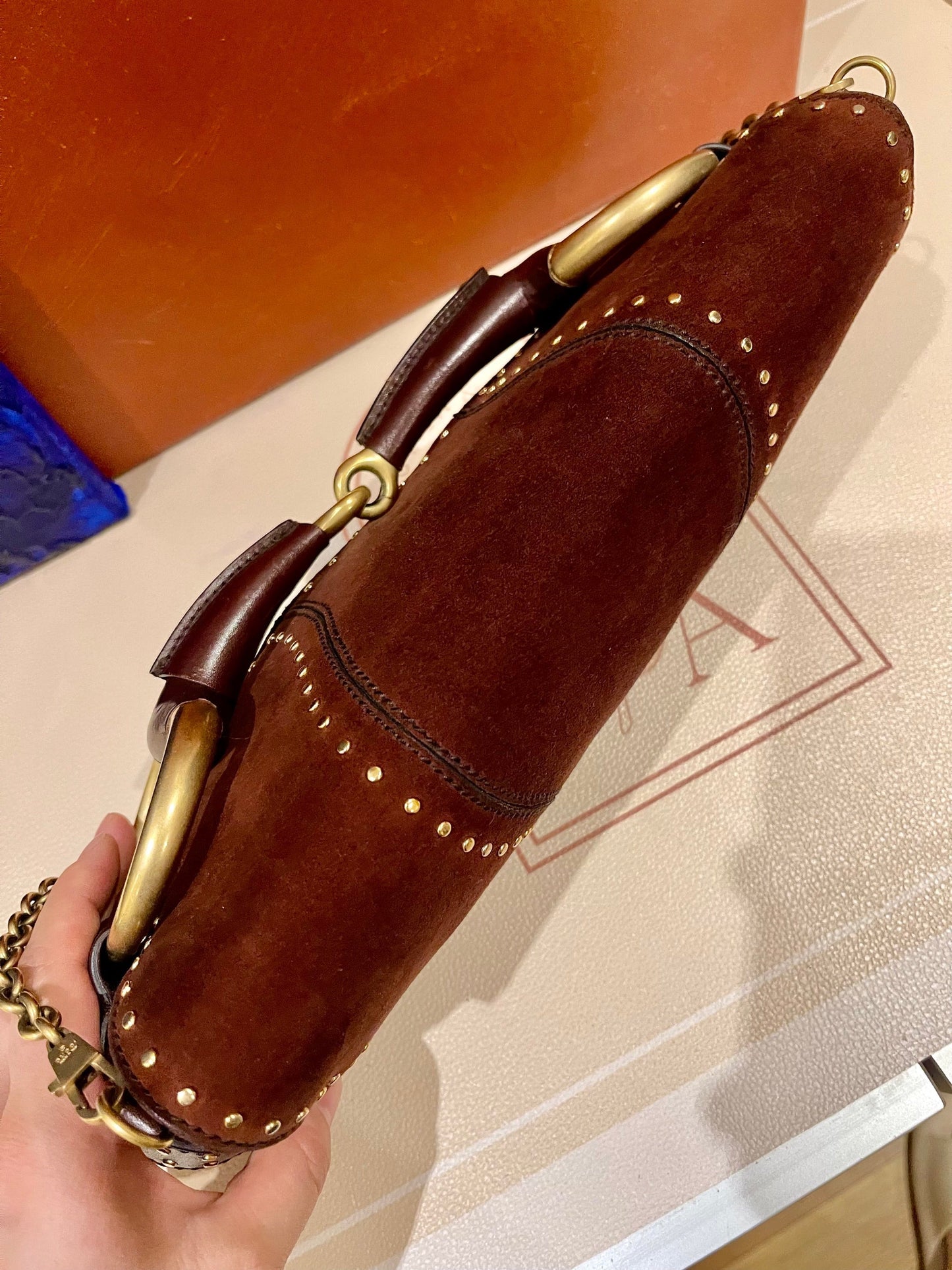 Gucci Horsebit Burgundy studs Leather Suede Gold Chain Travel Bag