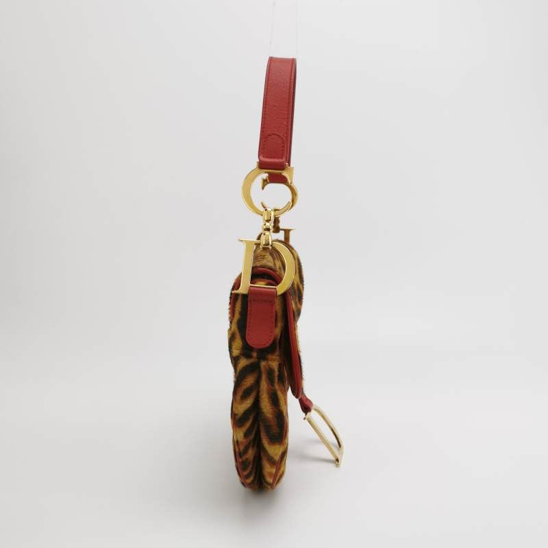 Dior Saddle Leopard Print Ponyhair And John Galliano Leather Red Travel Bag