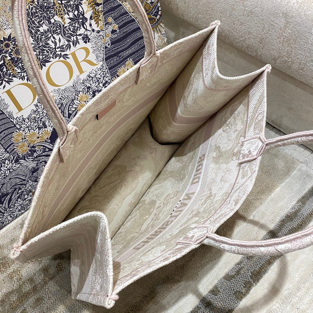Book Toile De Jouy Embroidery Pink Large Book Tote Bag