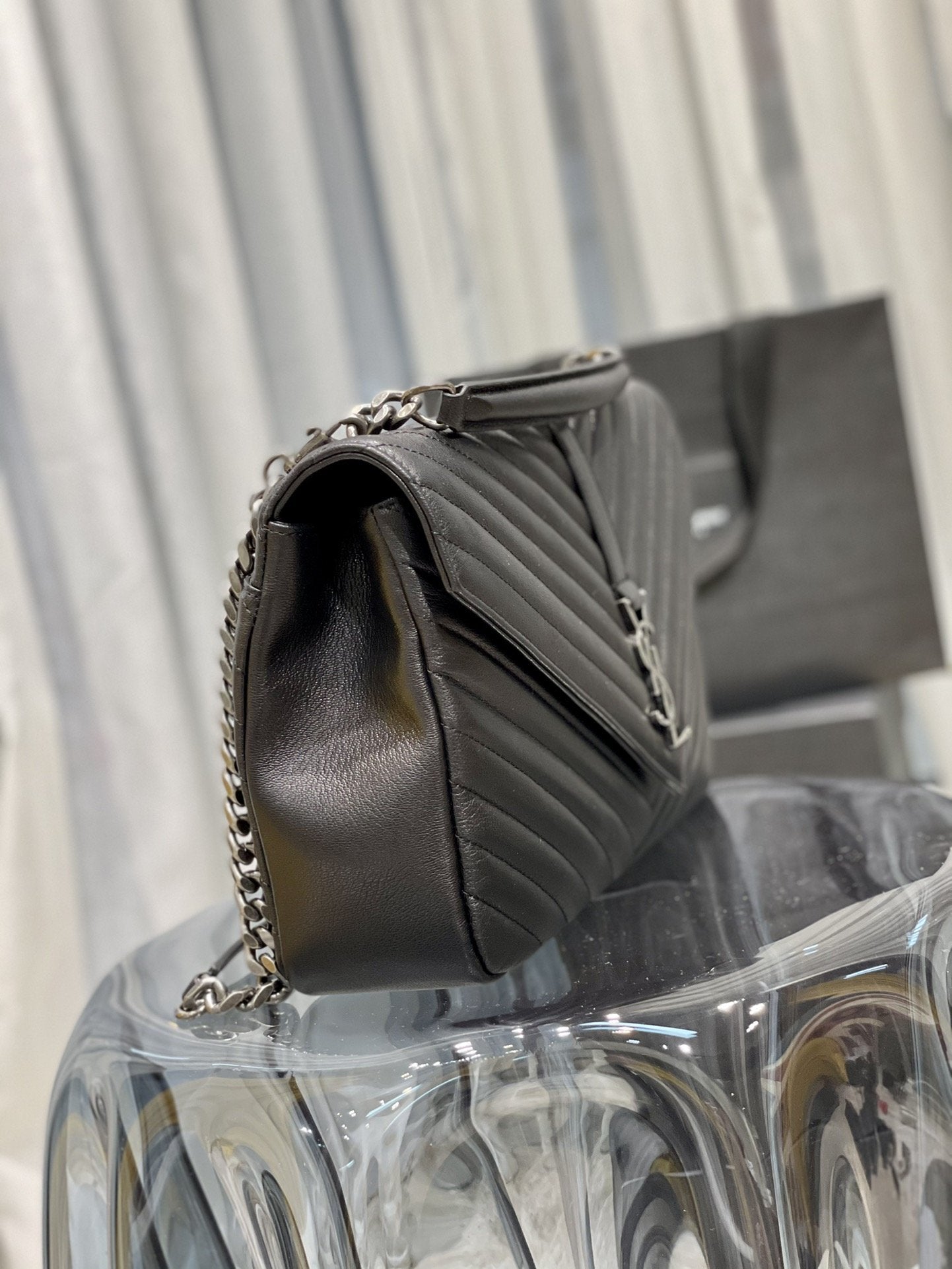 YSL Saint Laurent College TonedHardware 12in 32cm Black Silver Large Chain Handbag