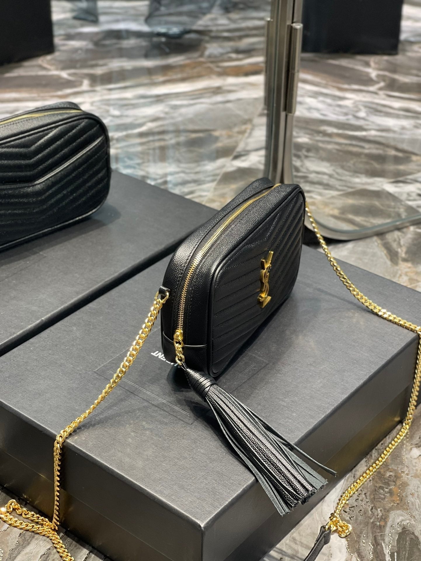 YSL Saint Laurent Lou Hardware 7in 19cm Grain De Poudre Quilted Black Gold Mini Bag
