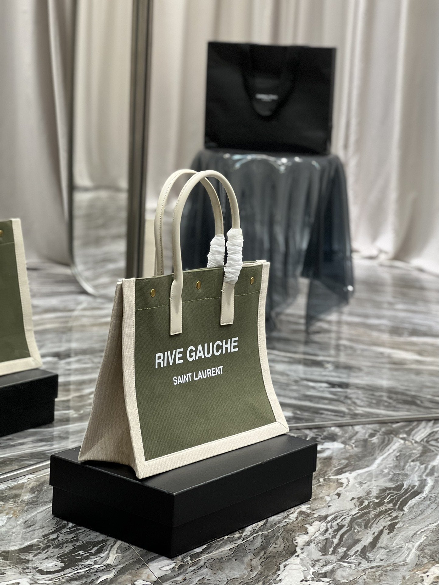 YSL Saint Laurent Rive Gauche Linen Military 15in Green Small Tote Bag