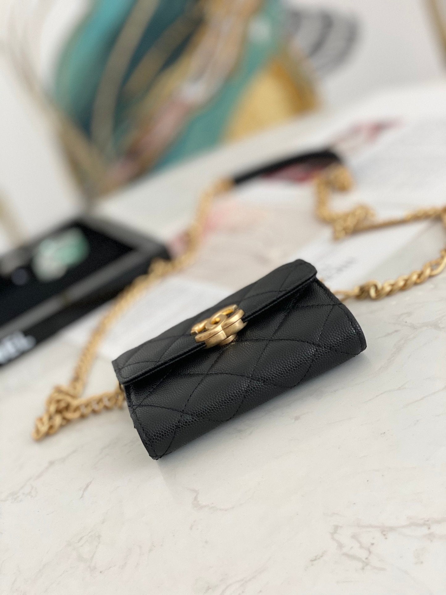 CHLMini Toned Hardware 4.7in 12cm Black Gold Flap Mini Bag