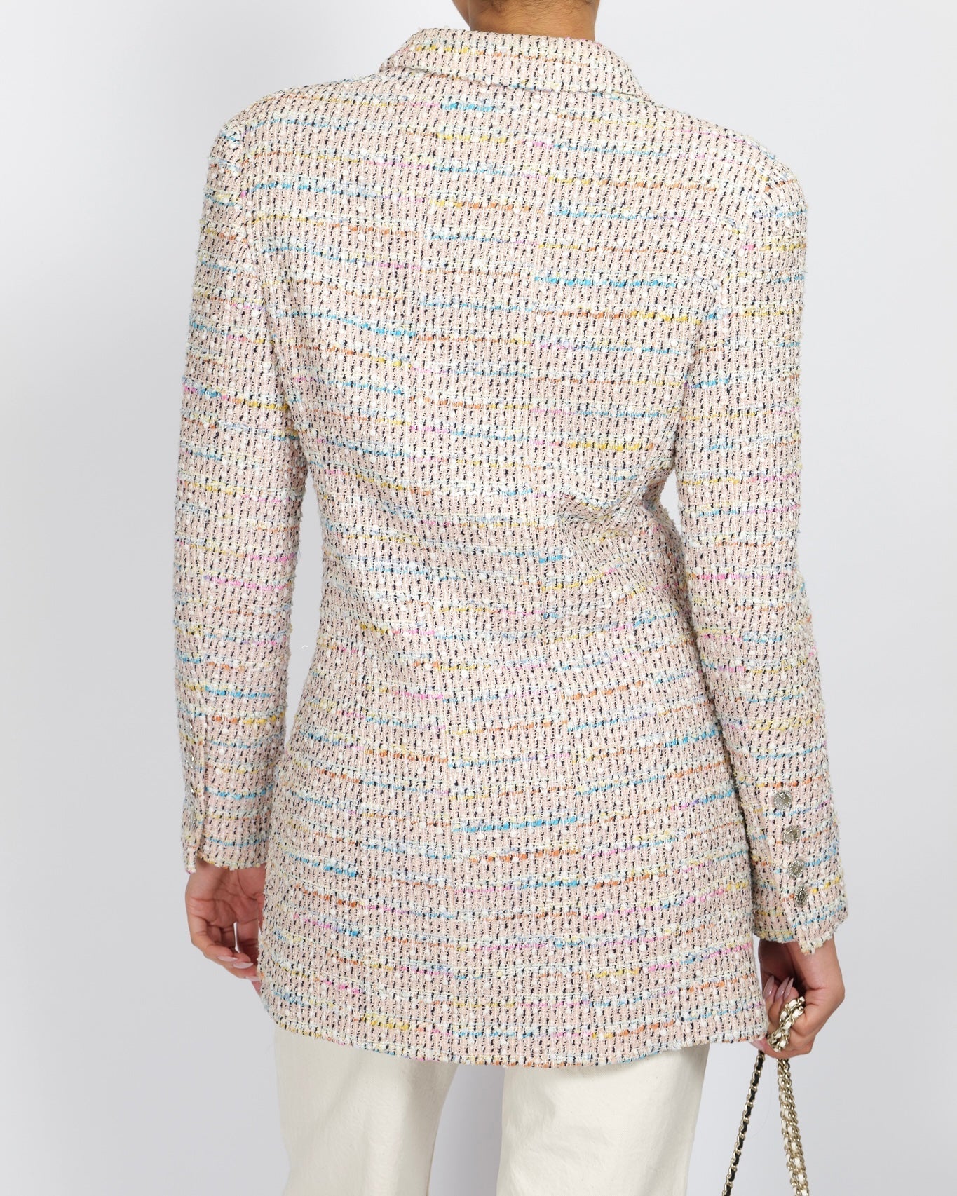 Chanel 96P Pink and Multi-Colour Tweed Long Jacket with Silver CC Logo Buttons Size FR 44 (UK 16)