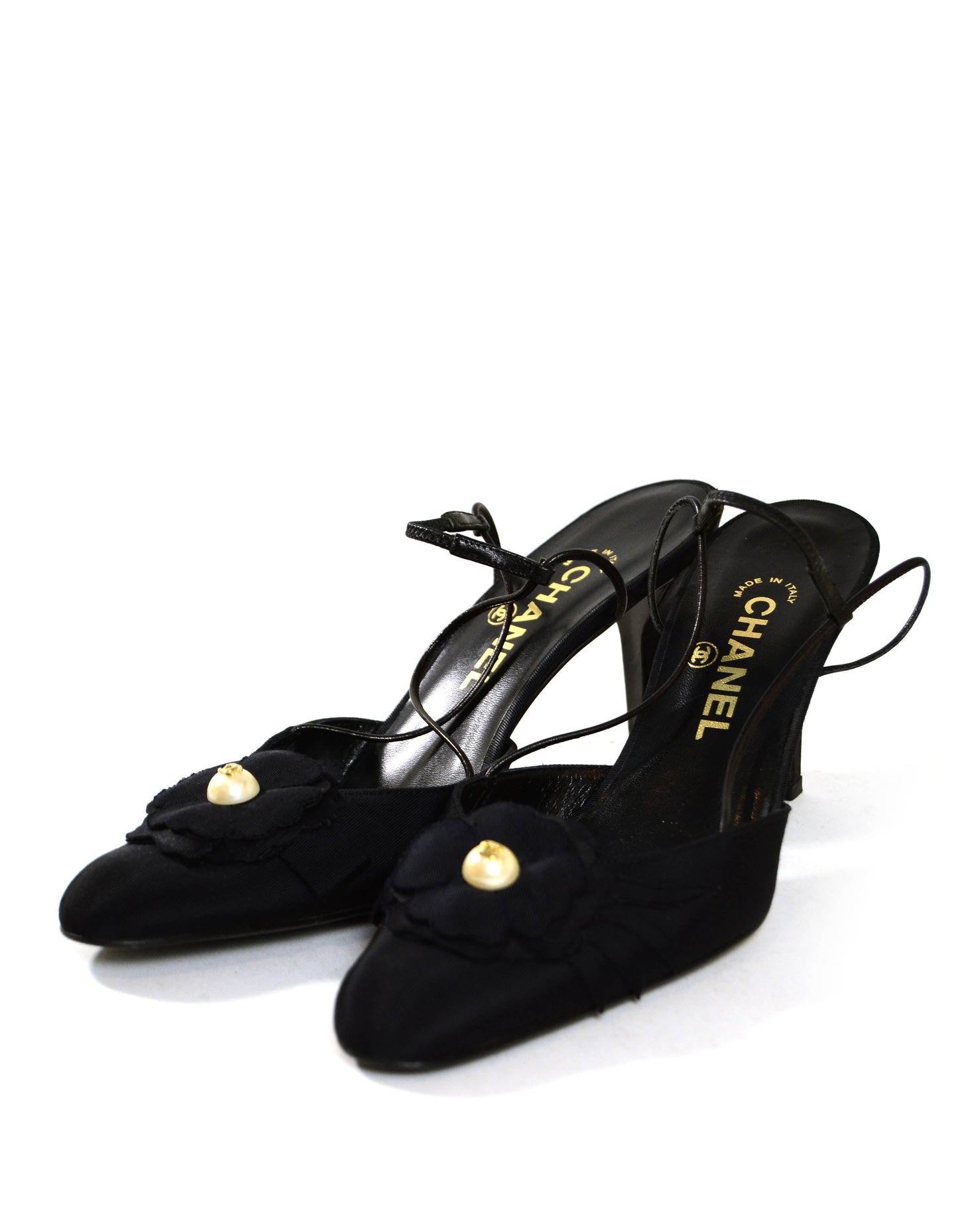 Chanel Black Grosgain Slingbacks with CC Pearl Camellia sz 37.5 Accessory