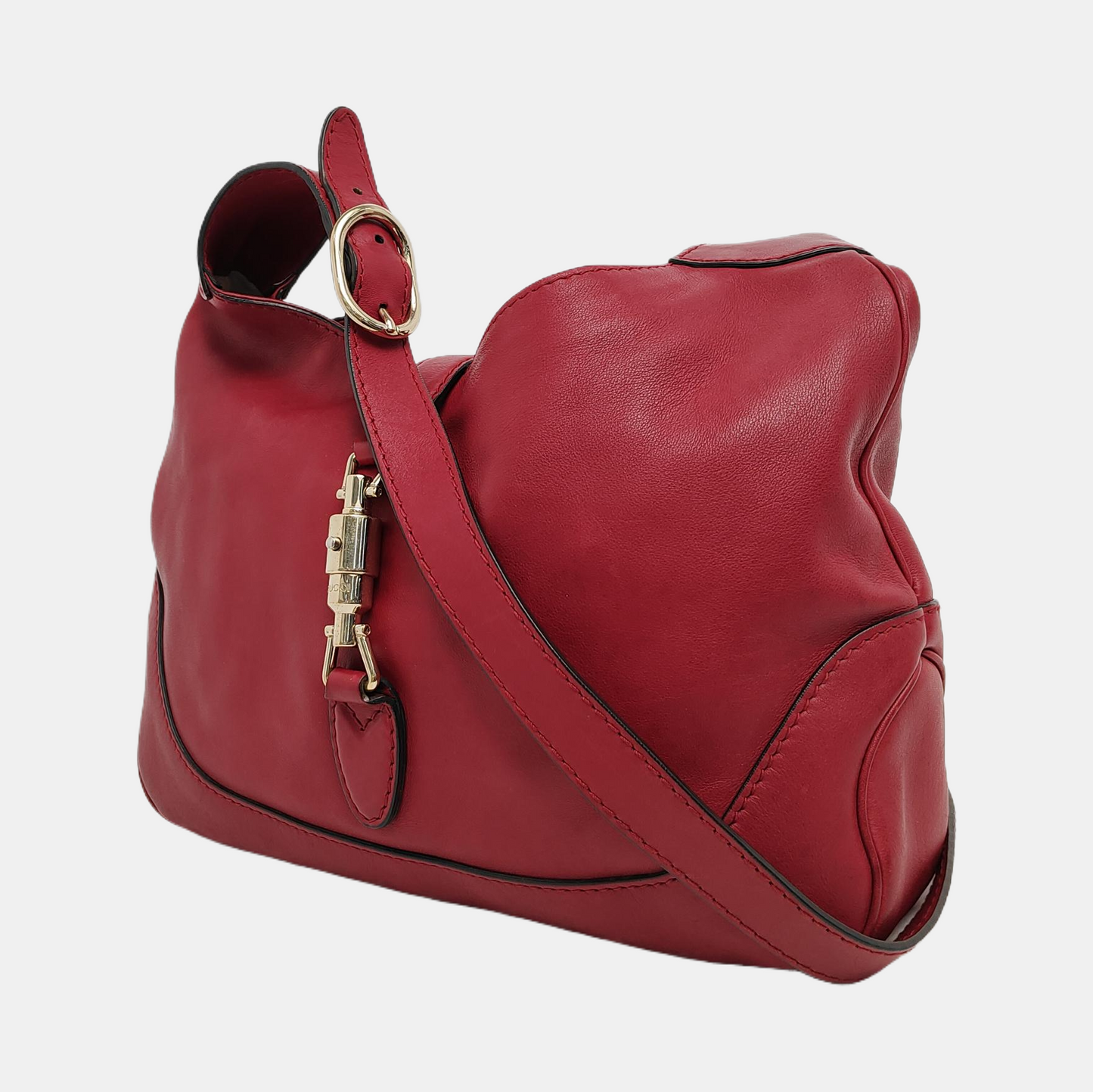 Gucci Jackie Soft Burgundy Piston Lock Leather Red Gold Medium Travel Bag
