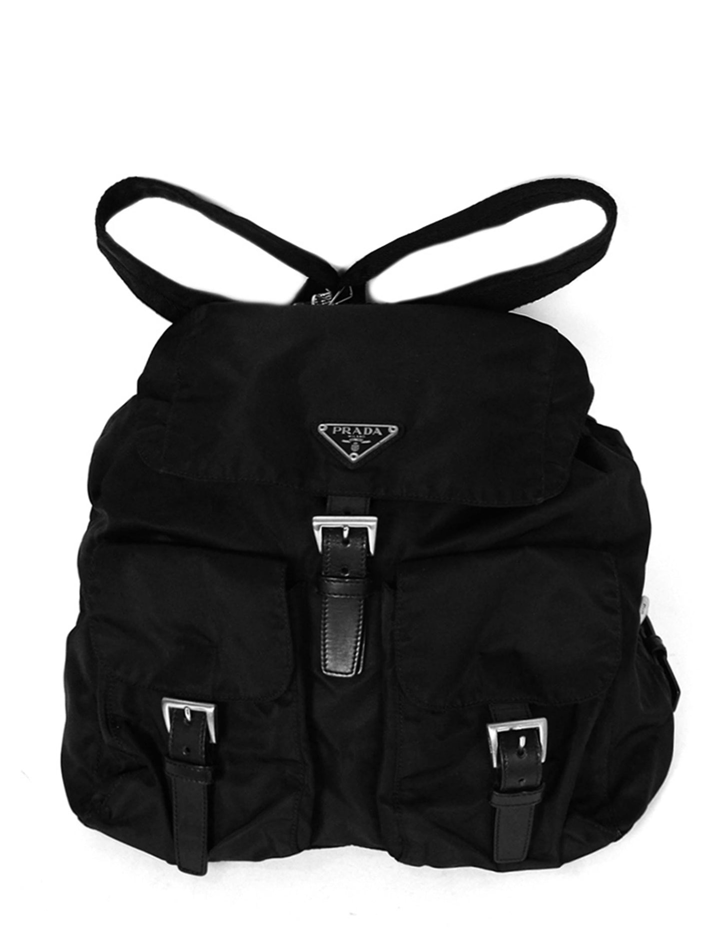 Prada Handbag Double Buckle Backpack Bag Nylon Black Belt