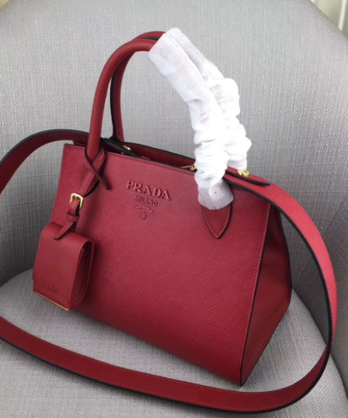 Prada Monochrome Bag Leather Saffiano Red Travel Bag