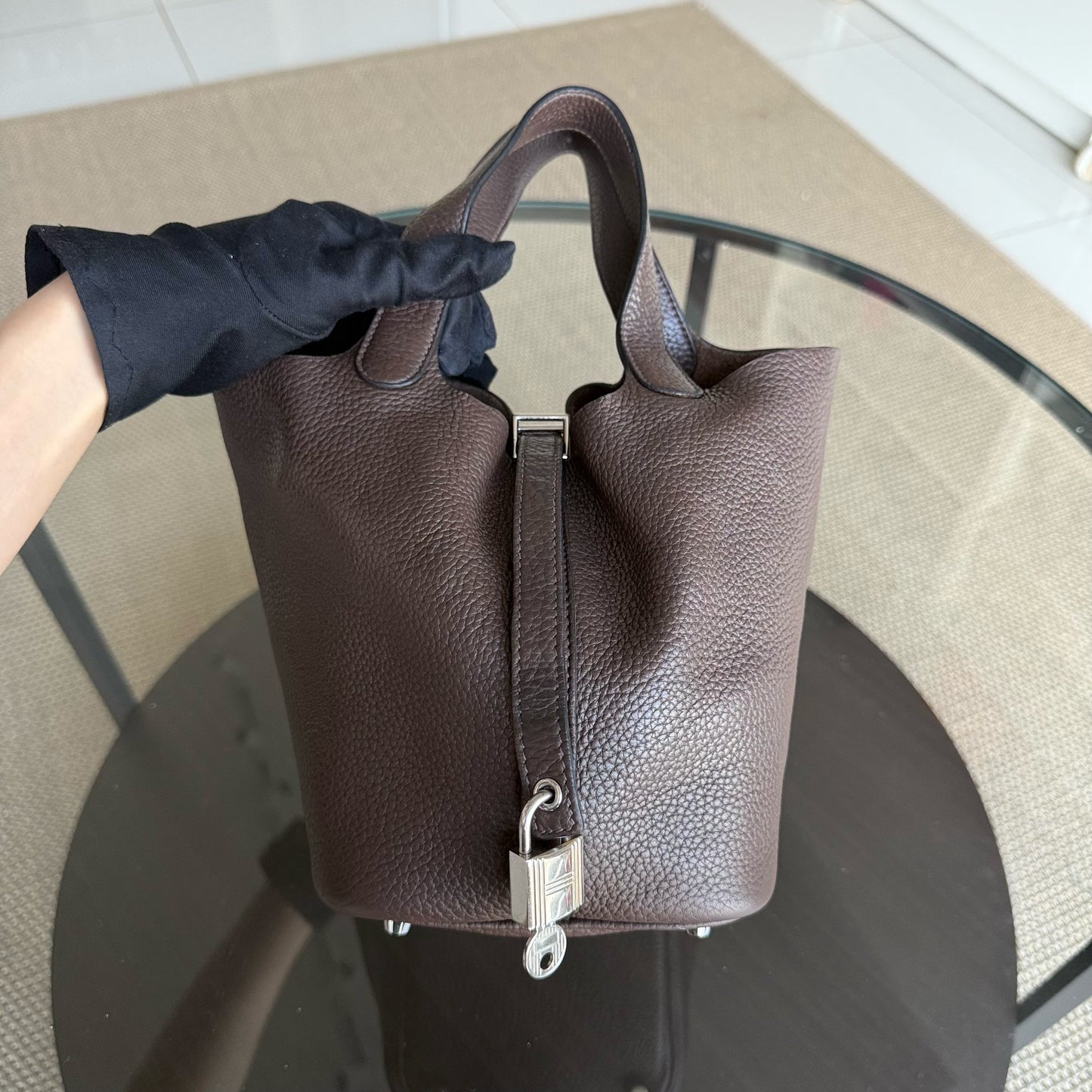 Hermes Picotin Tc Clemence Palladium Hardware Stamp Square Handbag Leather Silver Travel Bag