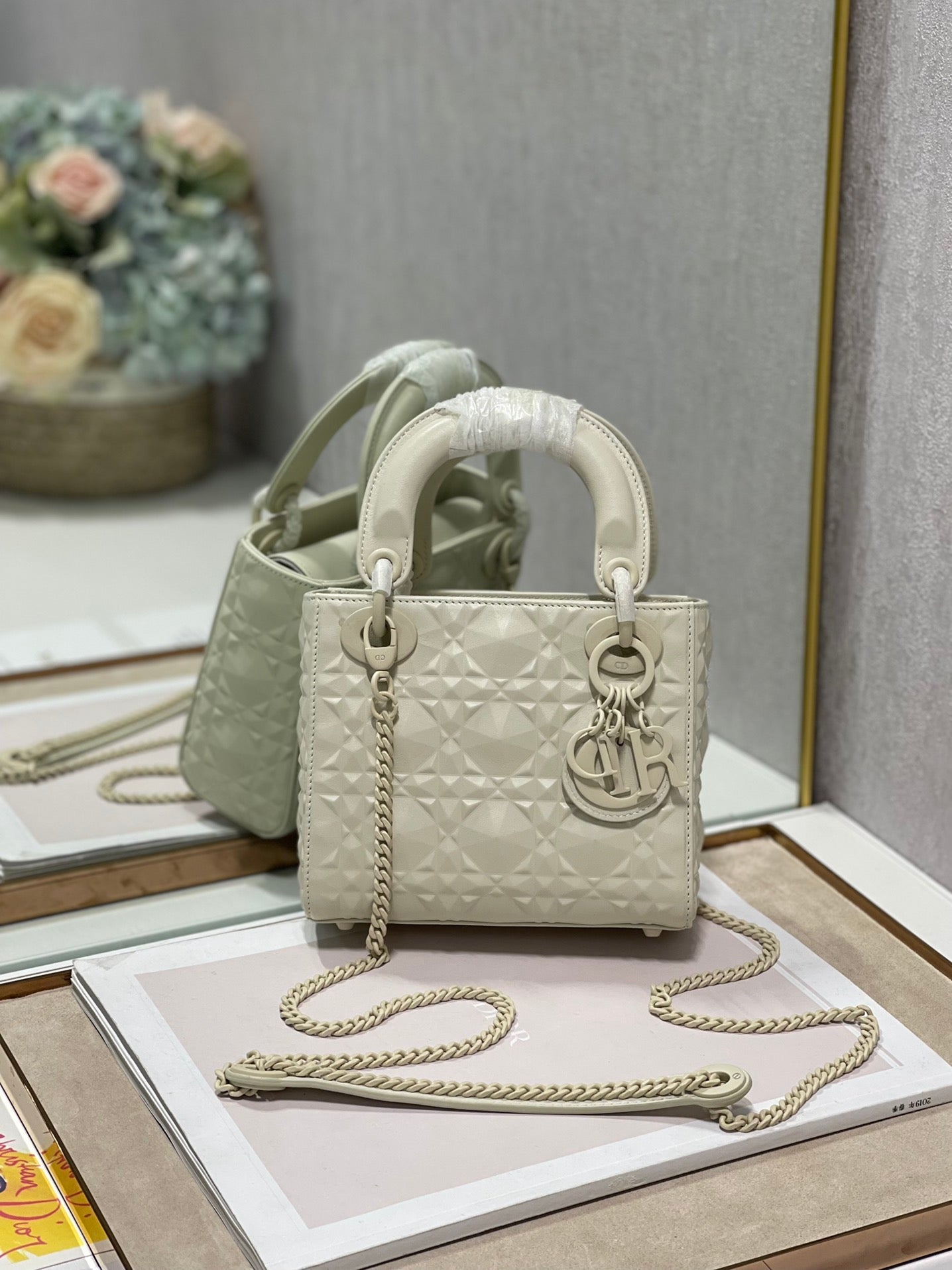 Lady Latte Cannage Beaded Motif Beige Mini Crossbody Bag