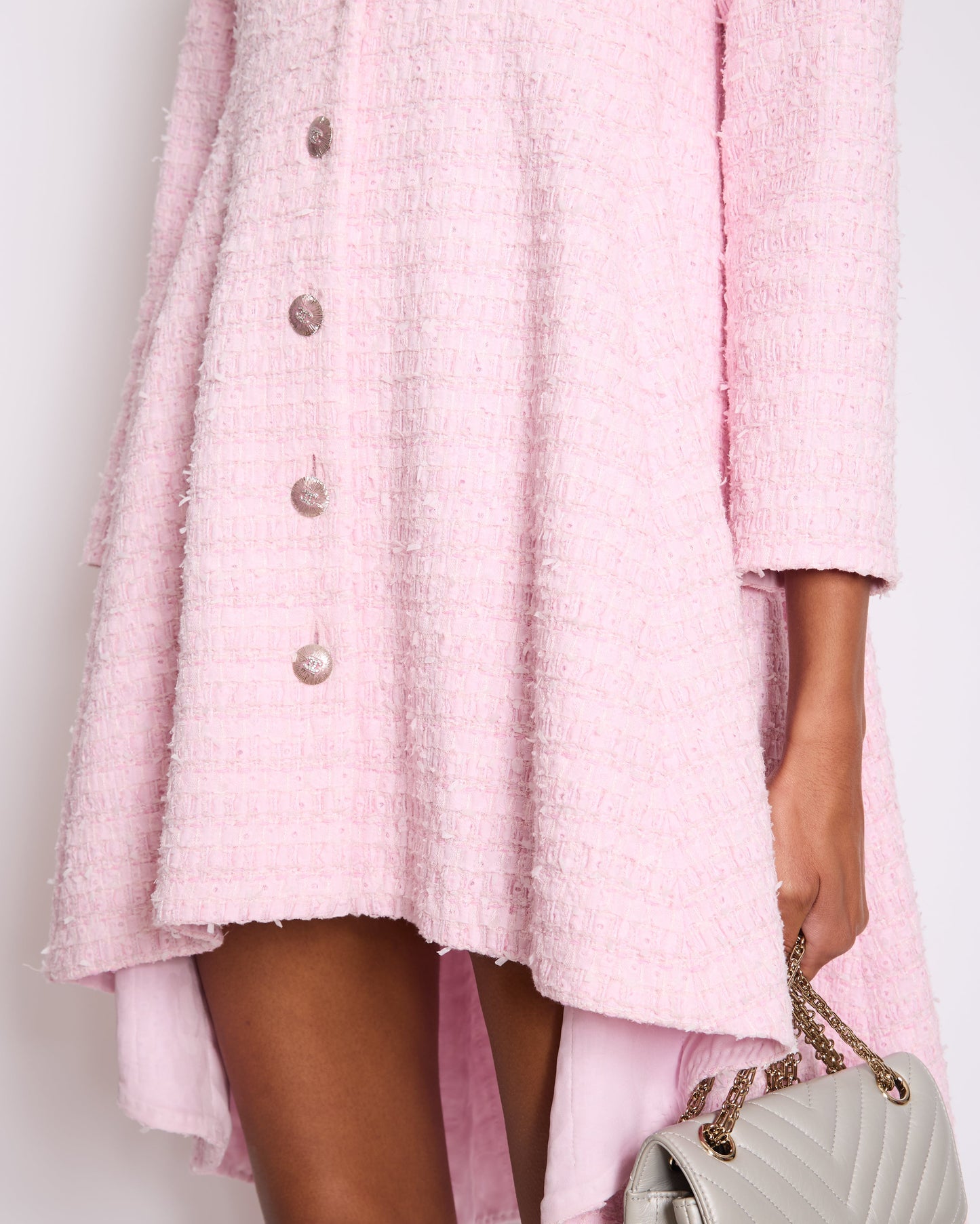 Chanel *HOT* Pink Tweed Long Sleeve A-Line Asymmetric Mini Dress with Silver and Pink Logo Button Details Detail FR 34 (UK 6) RRP £11,650