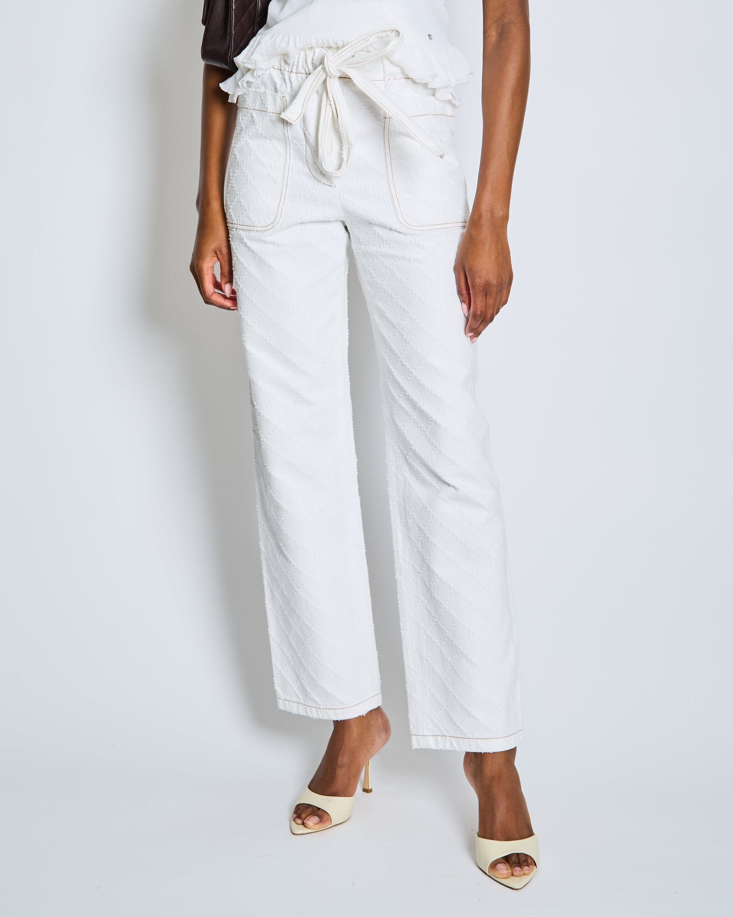 Chanel White Quilted Straight Leg Jeans with Brown Accents and Waist Ties and 31 Rue Cambon CC Logo Detail Size FR 34 (UK 6) Apparel