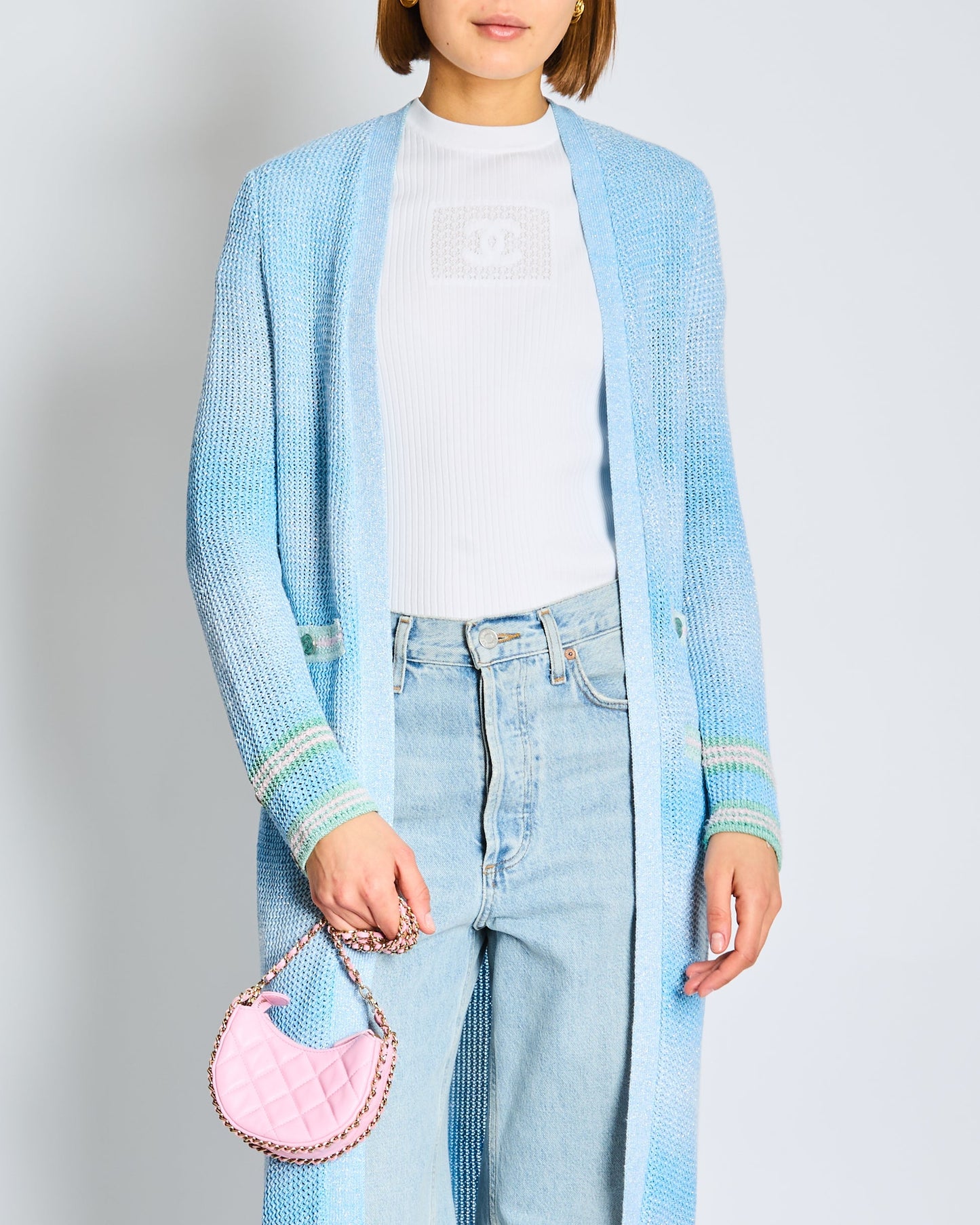 Chanel 23/S Blue Long-line Striped Knitted Cardigan with Green and Pink Trim and CC Button Detail Size Apparel