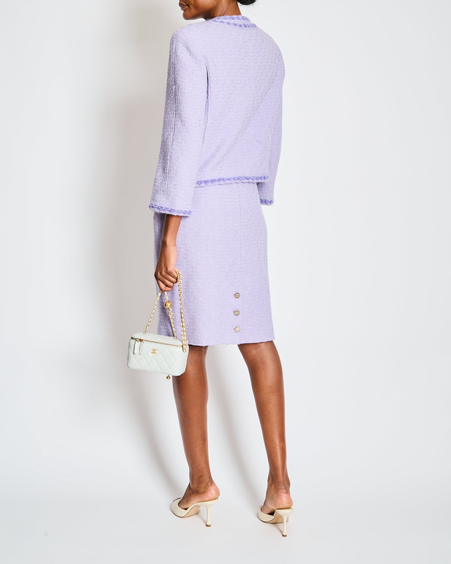 Chanel 98/A Lavender Two Piece Tweed Set with CC Button Detail Size FR 44 (UK 16) Accessory
