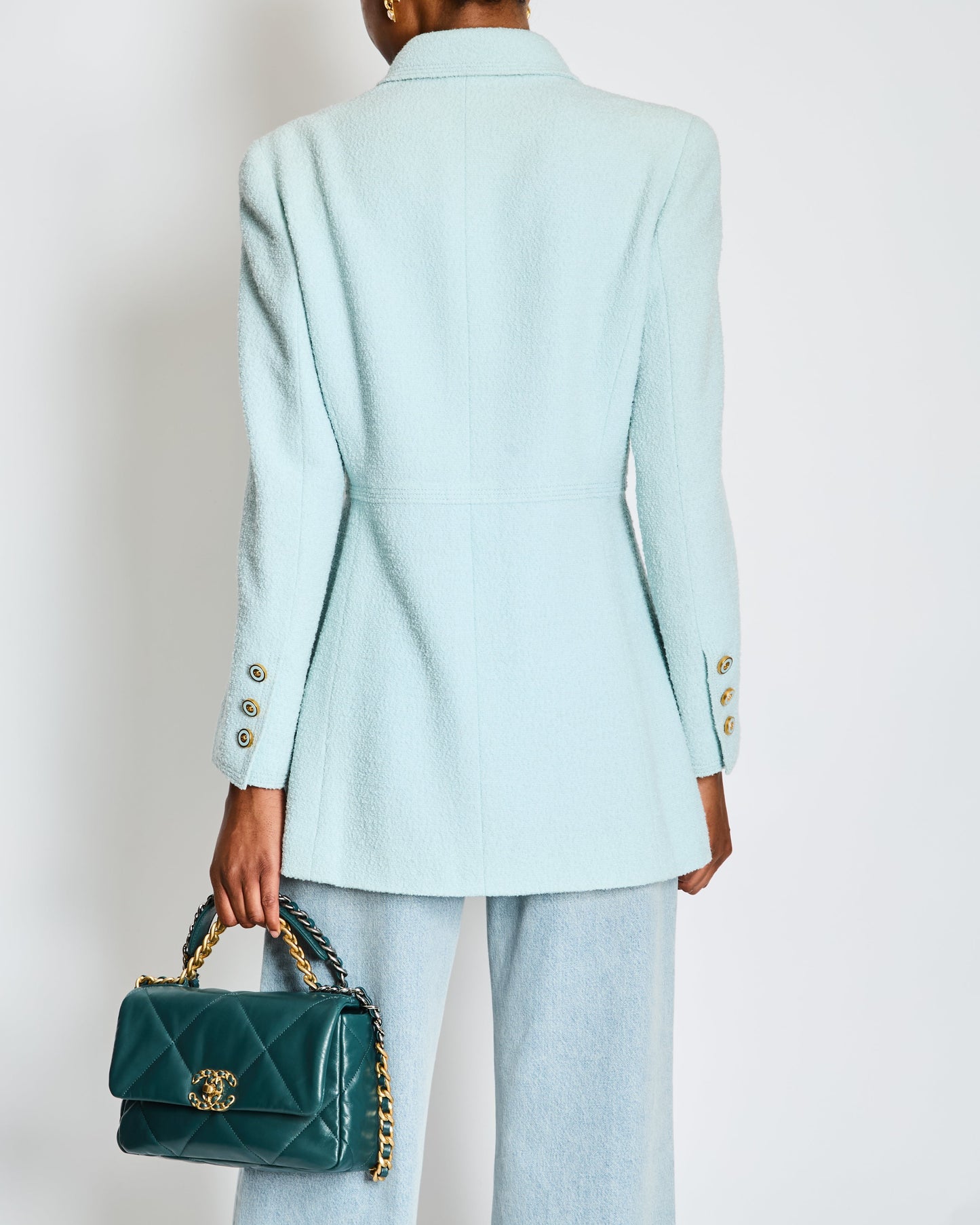 Chanel 96/C Baby Blue Double Breasted Blazer with Gold CC Buttons Size FR 46 (UK 18) Accessory
