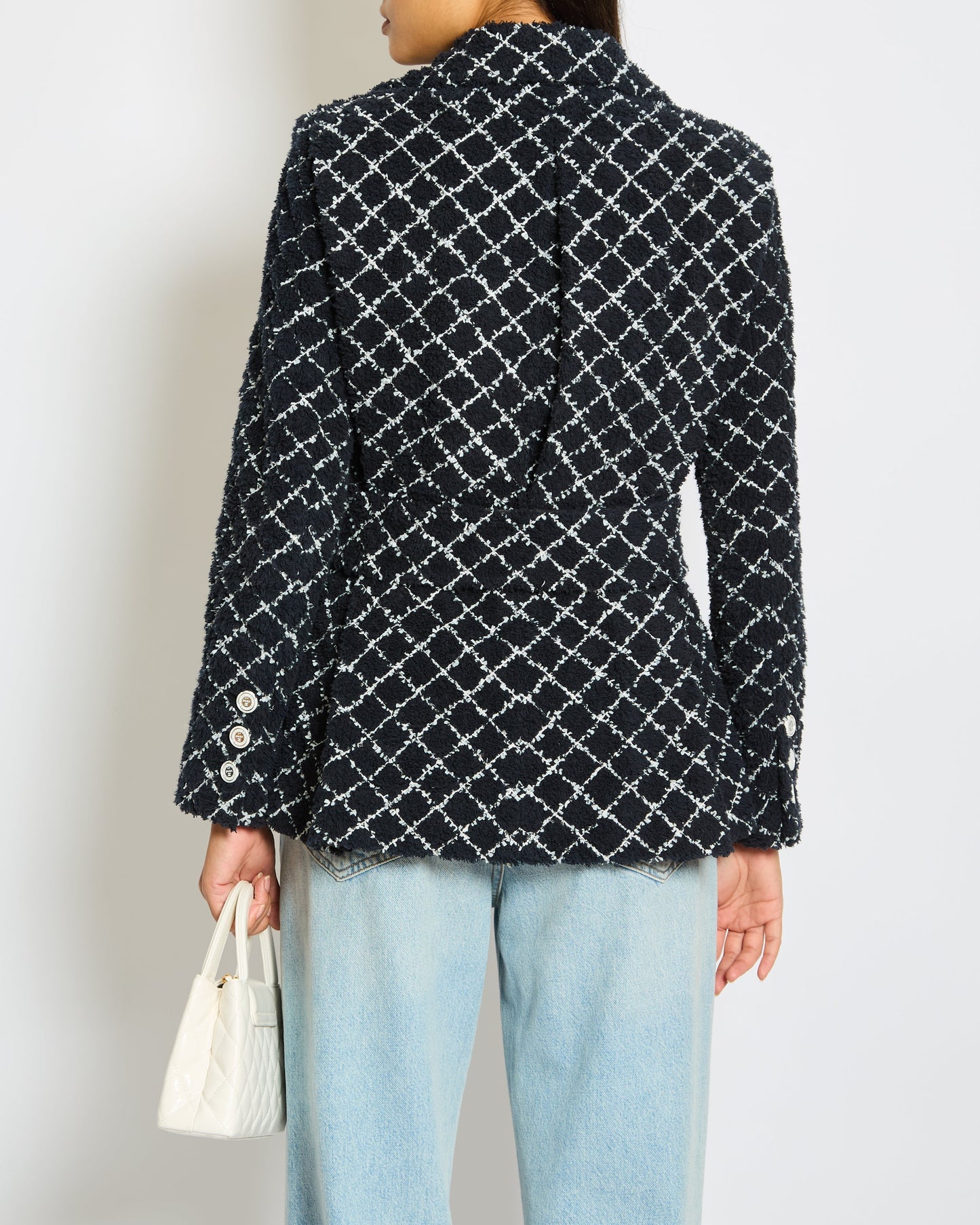 Chanel 19/C Cruise Collection Tweed Jacket in Navy and White with ed Buttons Size FR 34 (UK 6)