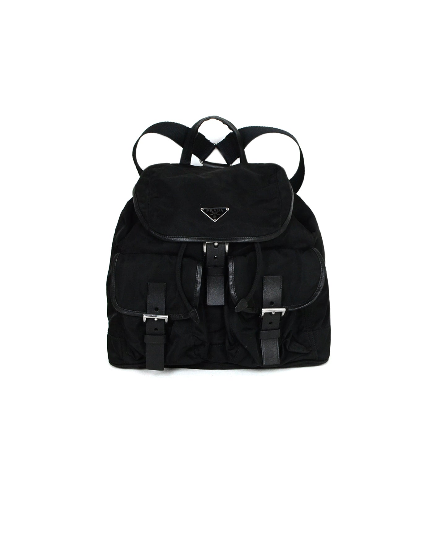Prada Handbag & Trim Double Pocket Backpack Bag Leather Nylon Black