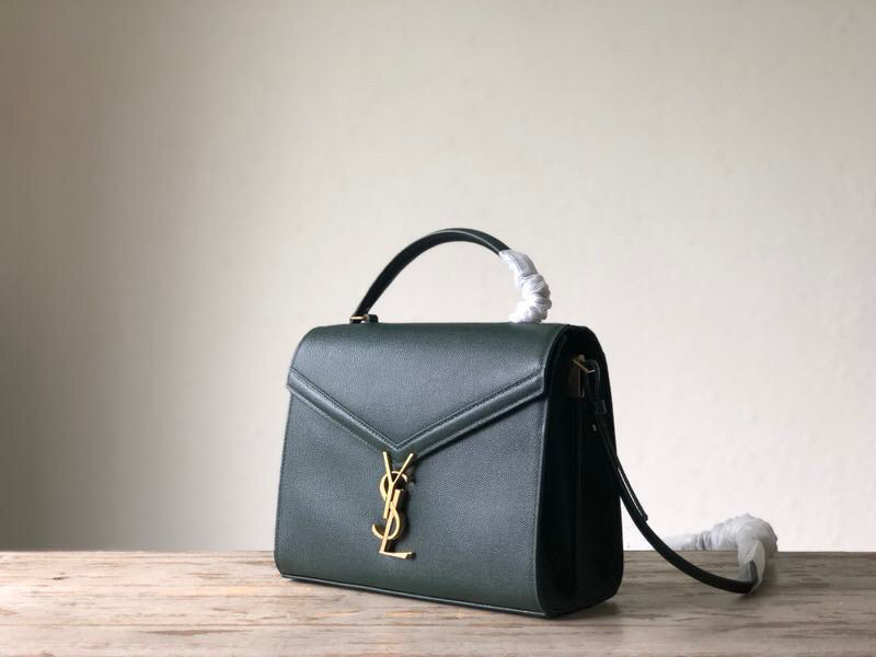 YSL Saint Laurent Cassandra Embossed Dark 9in 25cm Grain De Poudre Green Medium Top Handle Handbag