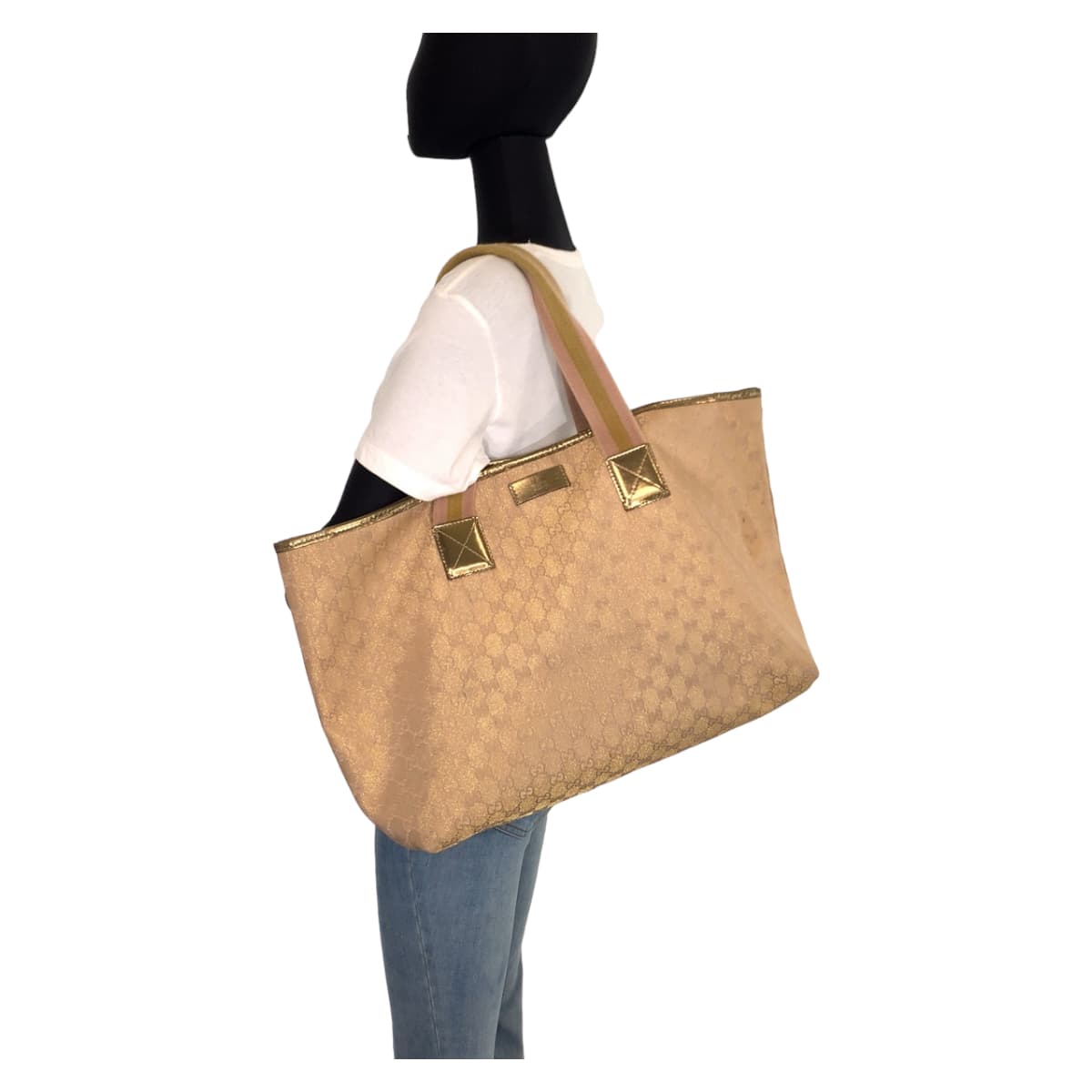 Gucci GG Canvas Beige Gold Shoulder Bag