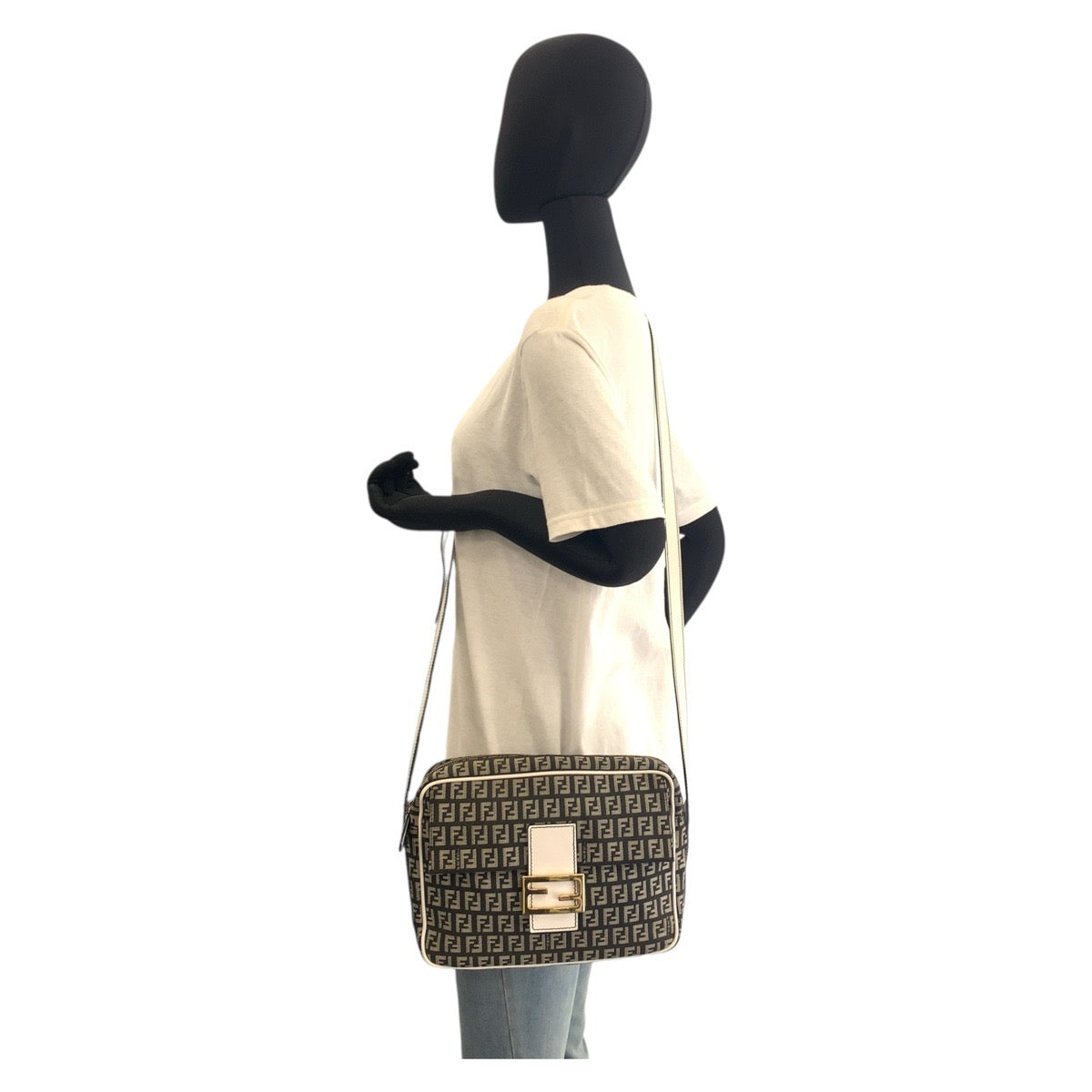 Fendi Shoulder Bag Gold Shoulder Bag Pochette Zucchino Mamma Leather Canvas Metal