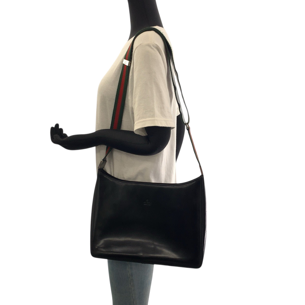 Gucci 001 SilverMetal Sherry line Leather Patent Black Shoulder Bag
