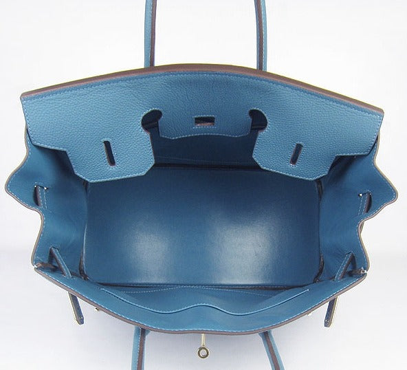 Hermes Luxury Birkin Cm Cattle Skin Vein Handbags Blue Gold Travel Bag