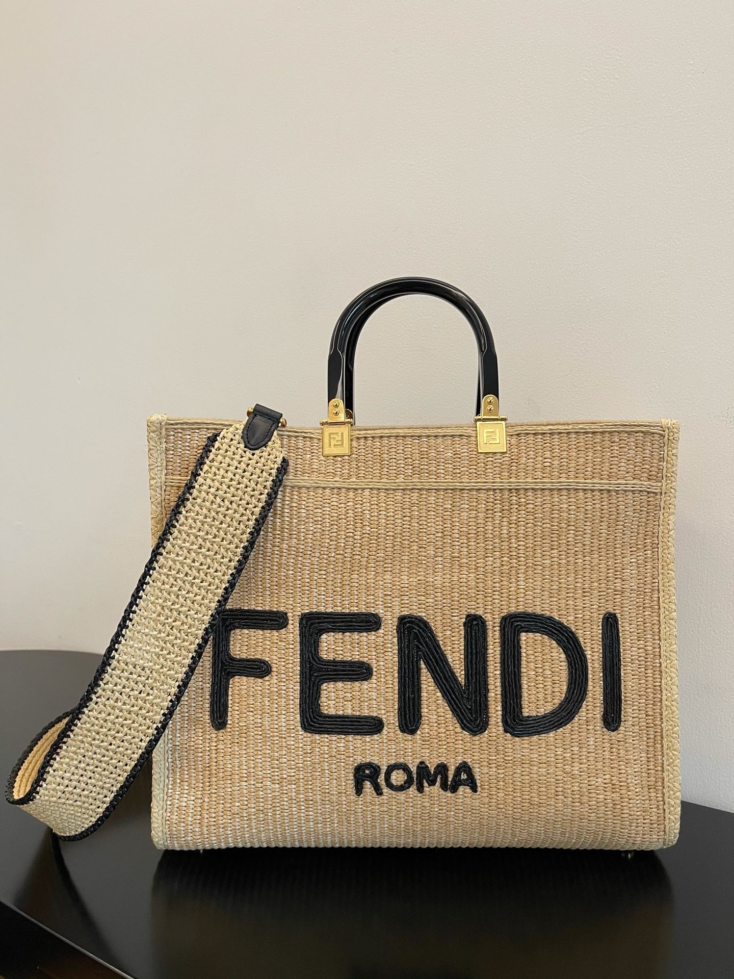 Sunshine Metop Qualityum Straw Shopper Black Beige Tote Bag
