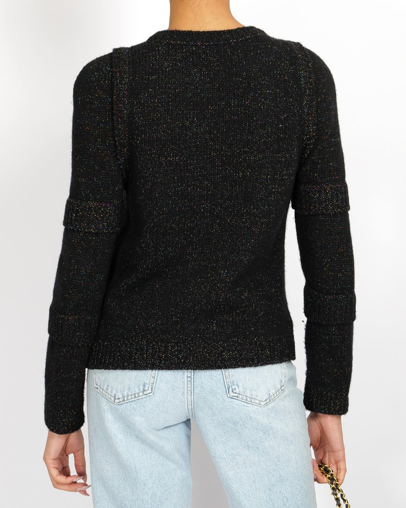 Chanel Fall 2017 Black and Multi-Colour Wool Knit Jumper with Metallic and Sequin Embellished Embroidery with Silver CC Logo Button Detail Size FR 36 (UK 8)
